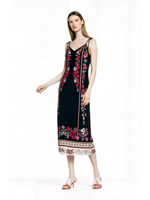 Black Floral Midi Slip Dress with Adjustable Tie Straps Ornamental Print