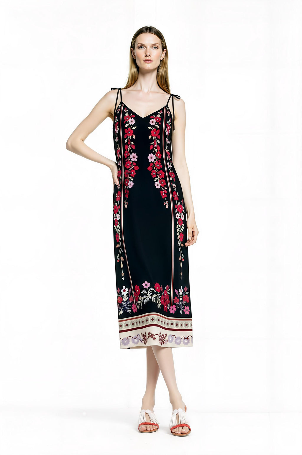 Black Floral Midi Slip Dress with Adjustable Tie Straps Ornamental Print