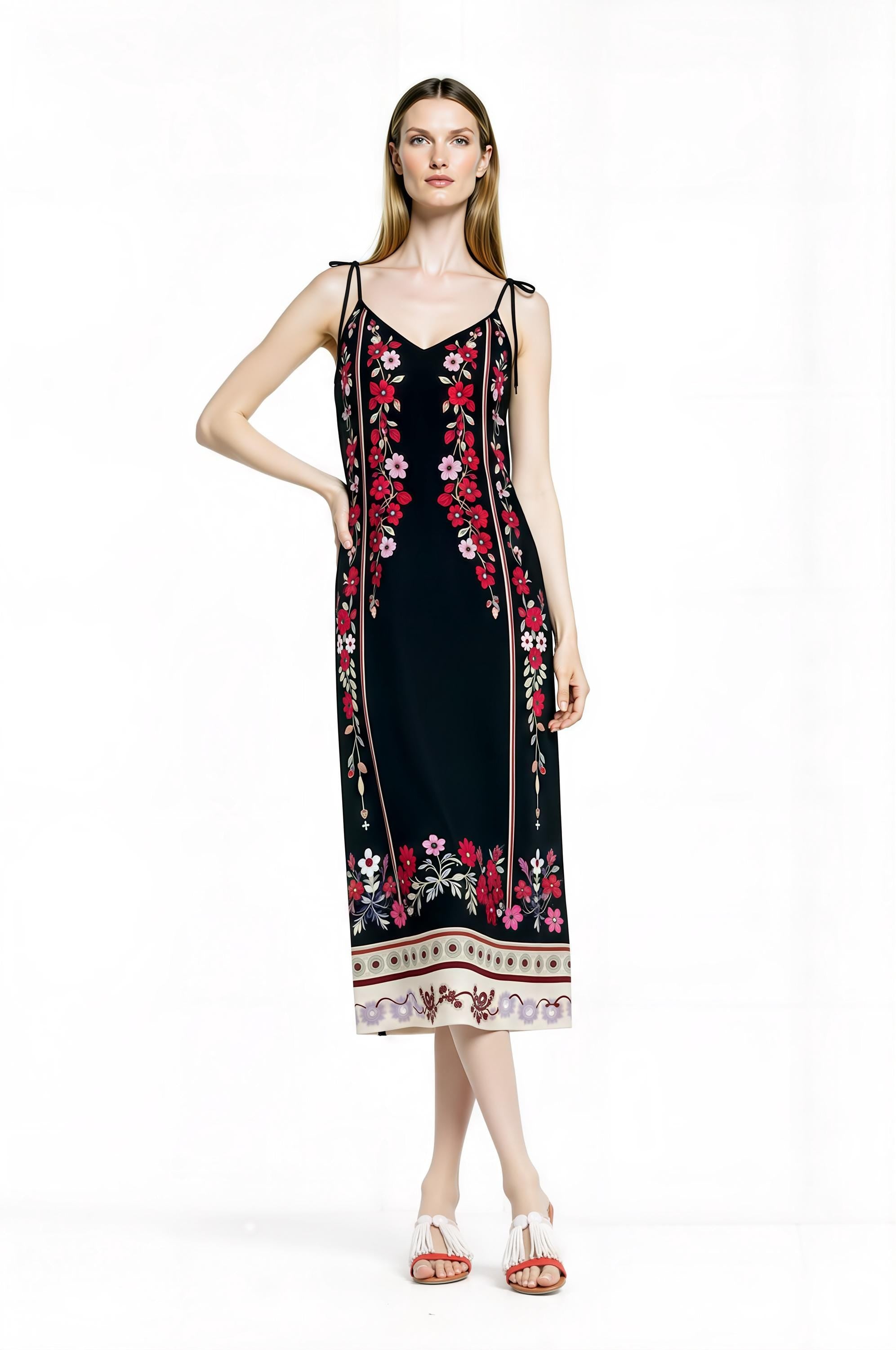 Black Floral Midi Slip Dress with Adjustable Tie Straps Ornamental Print