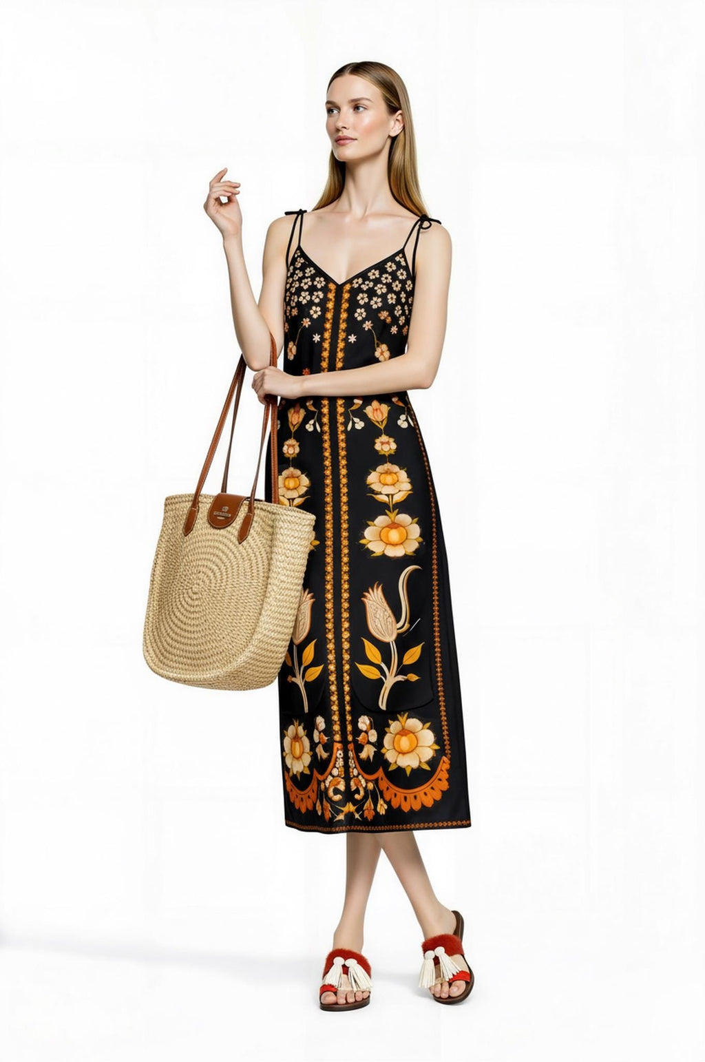 Black Floral Midi Slip Dress with Adjustable Tie Straps Ornamental Print
