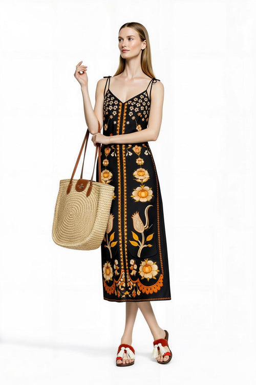 Black Floral Midi Slip Dress with Adjustable Tie Straps Ornamental Print