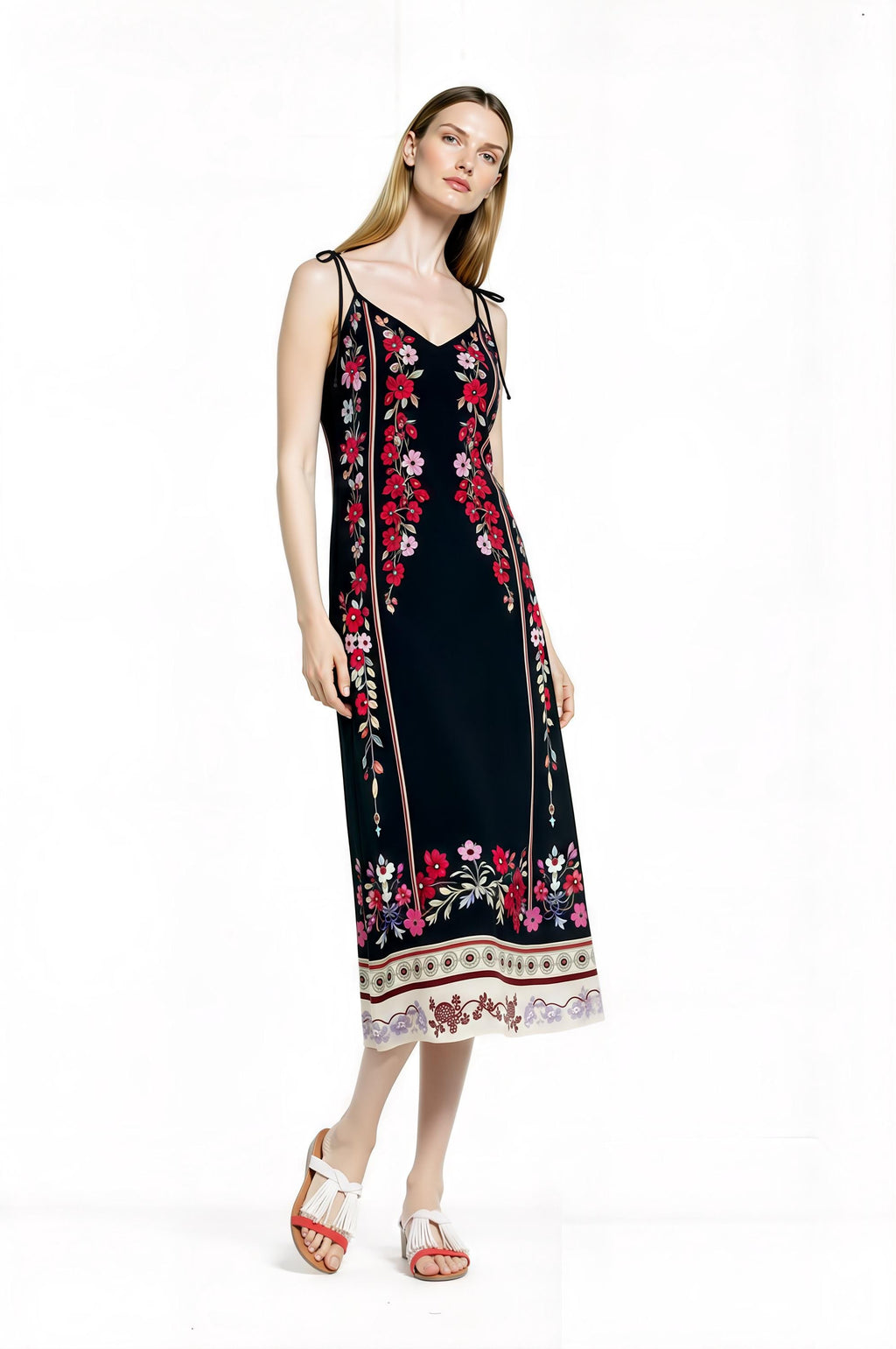 Black Floral Midi Slip Dress with Adjustable Tie Straps Ornamental Print
