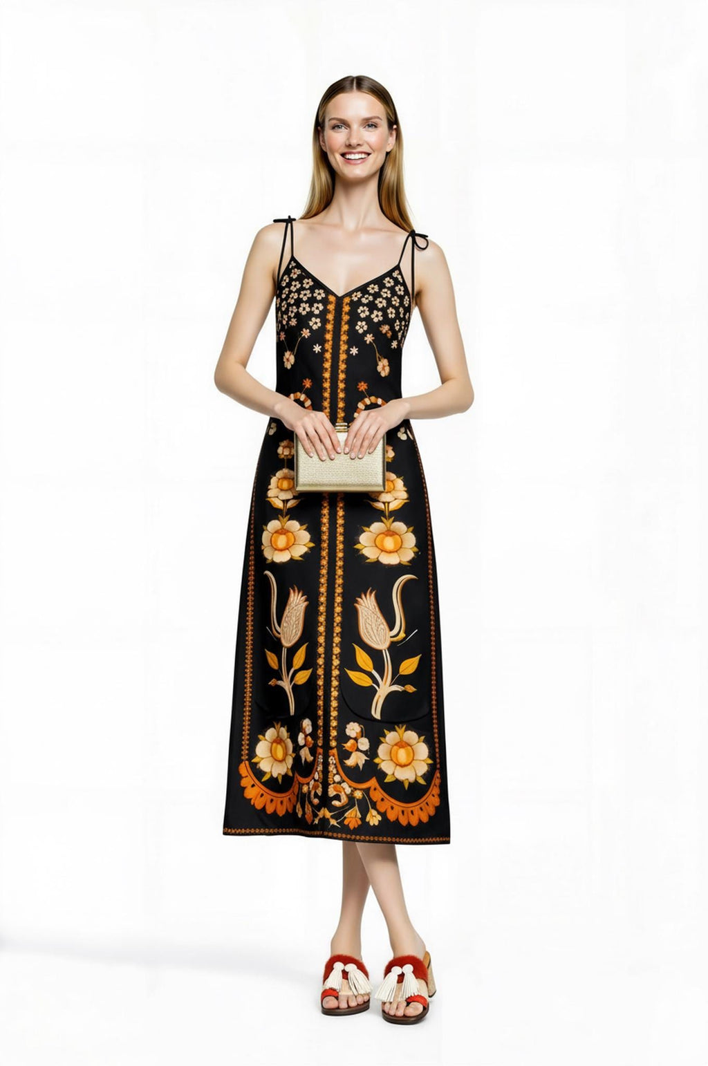 Black Floral Midi Slip Dress with Adjustable Tie Straps Ornamental Print