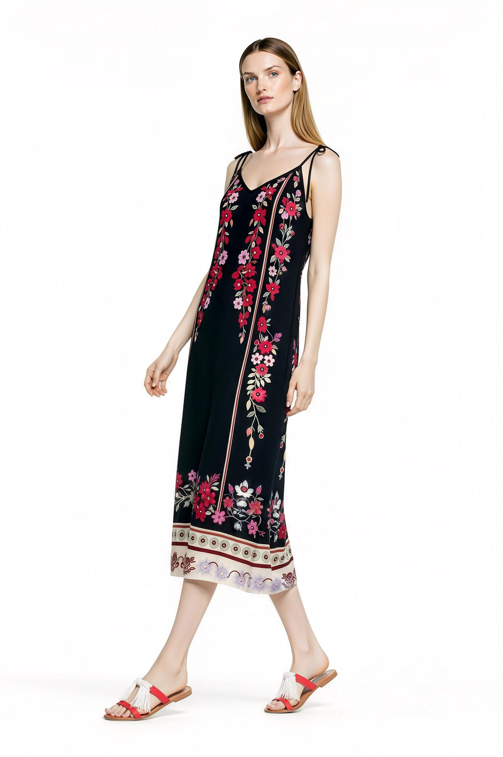 Black Floral Midi Slip Dress with Adjustable Tie Straps Ornamental Print
