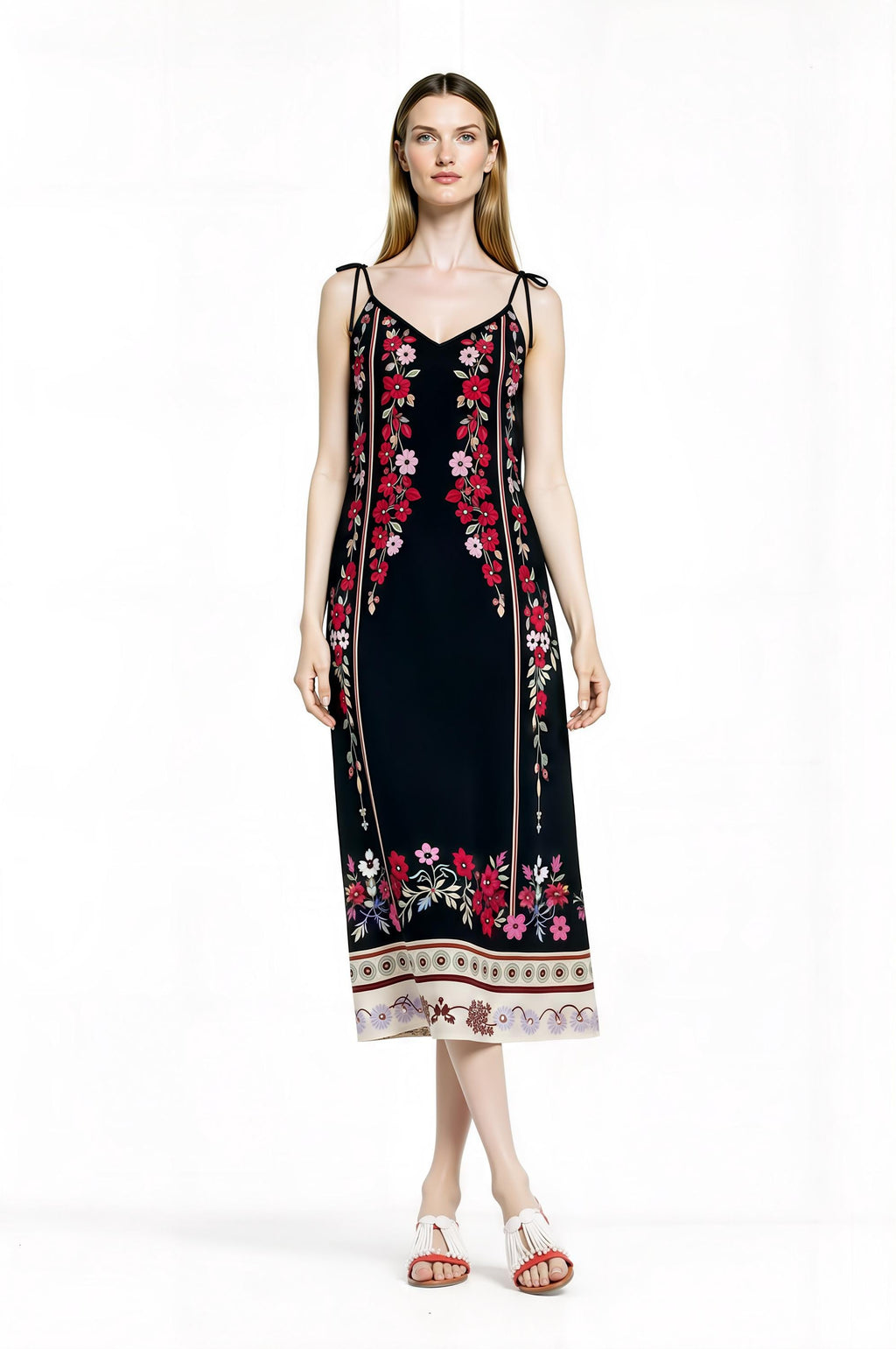 Black Floral Midi Slip Dress with Adjustable Tie Straps Ornamental Print
