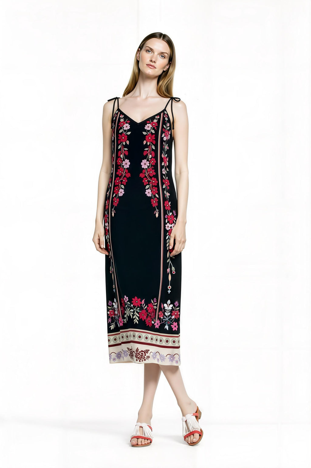 Black Floral Midi Slip Dress with Adjustable Tie Straps Ornamental Print