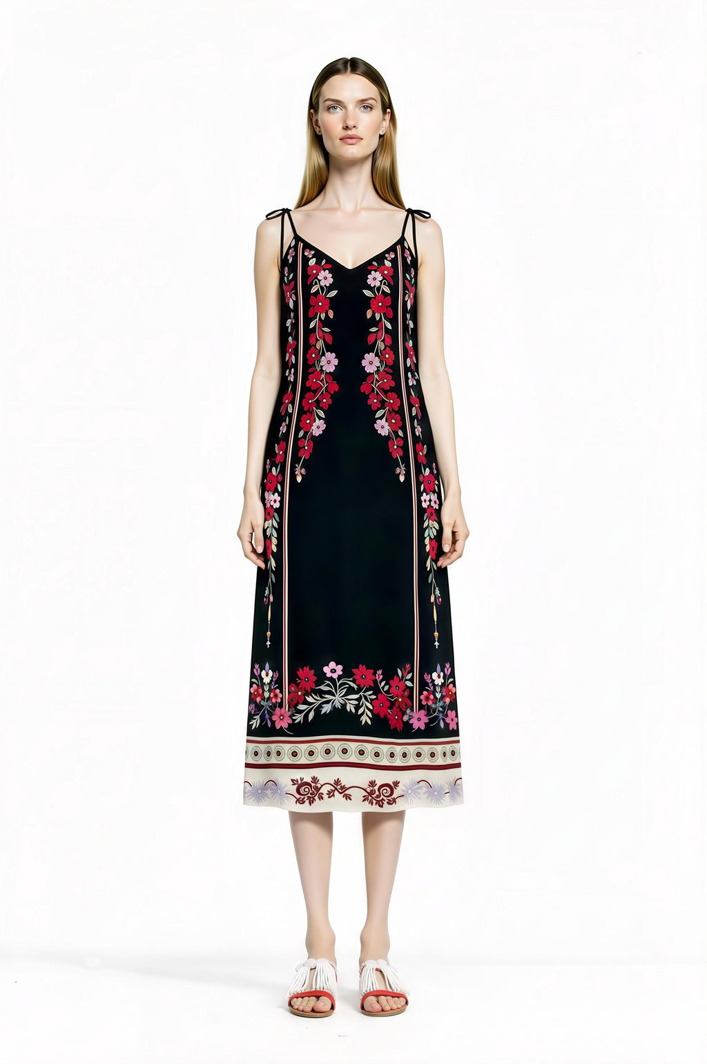 Black Floral Midi Slip Dress with Adjustable Tie Straps Ornamental Print