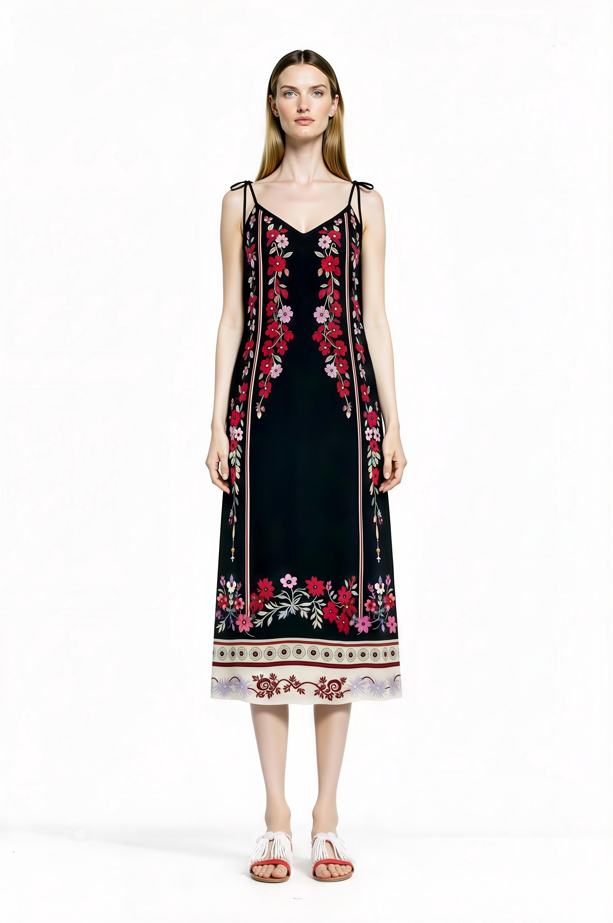 Black Floral Midi Slip Dress with Adjustable Tie Straps Ornamental Print
