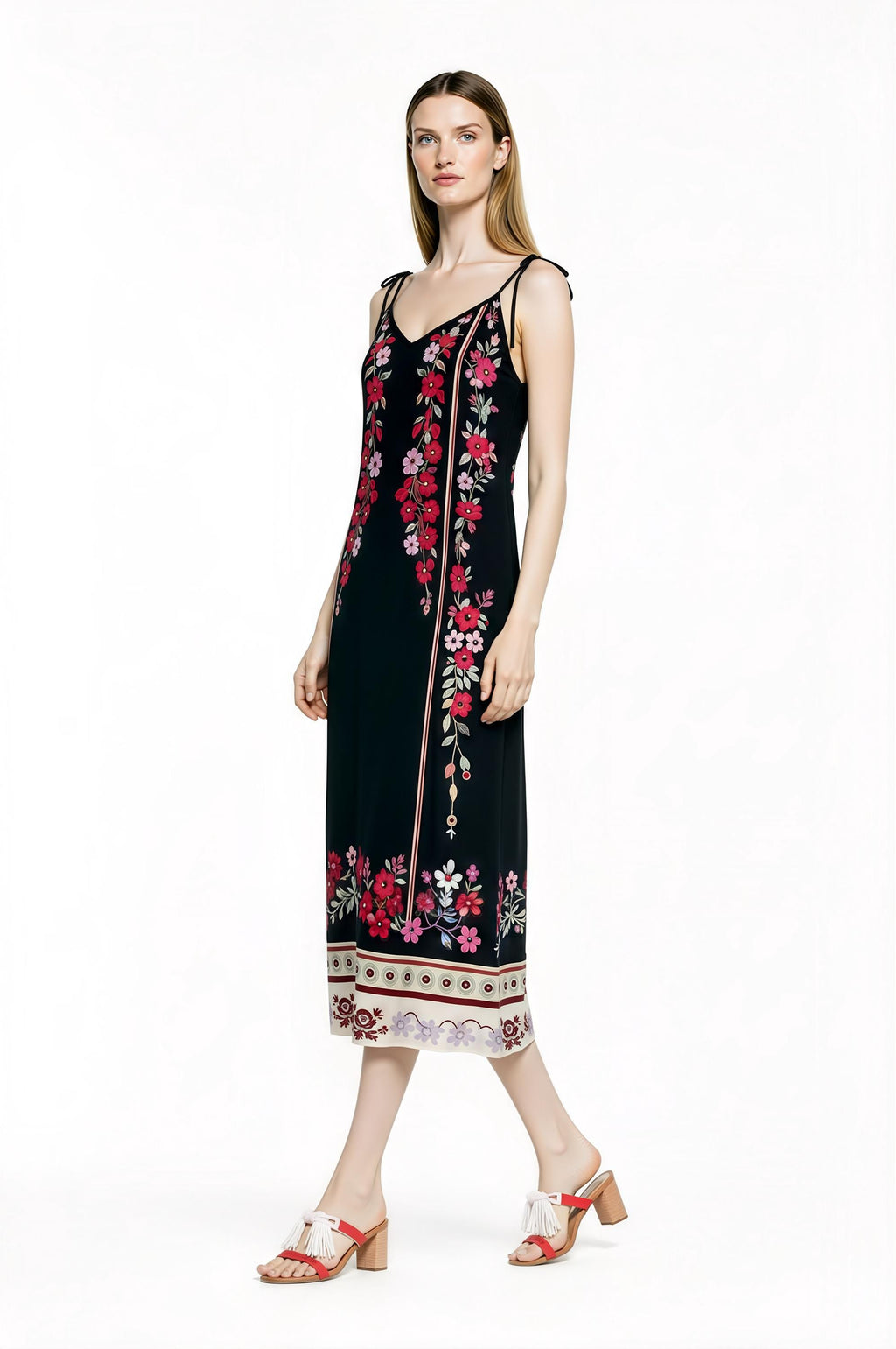 Black Floral Midi Slip Dress with Adjustable Tie Straps Ornamental Print