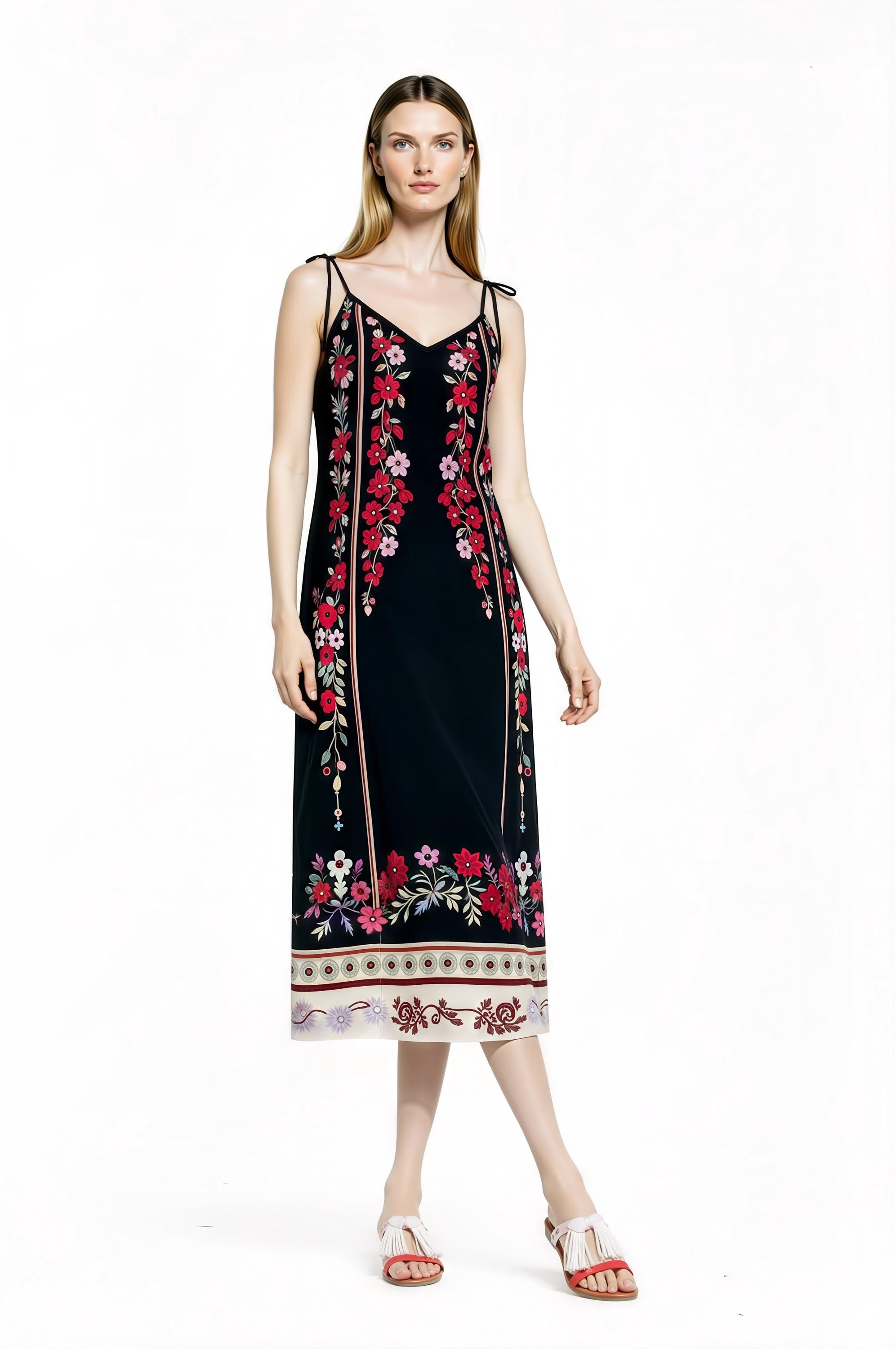 Black Floral Midi Slip Dress with Adjustable Tie Straps Ornamental Print