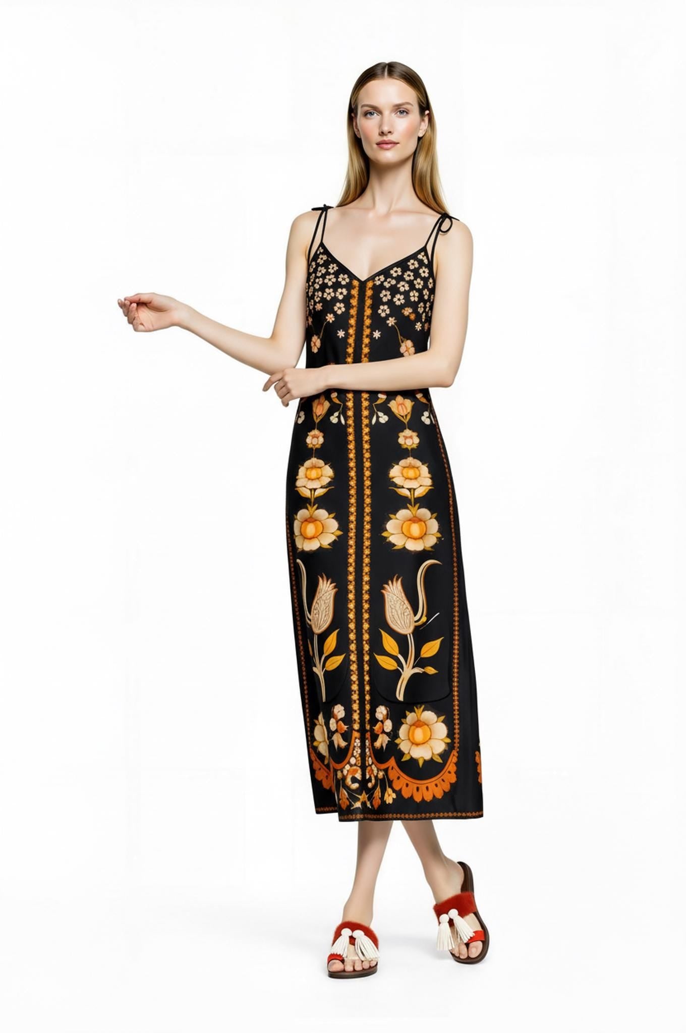 Black Floral Midi Slip Dress with Adjustable Tie Straps Ornamental Print