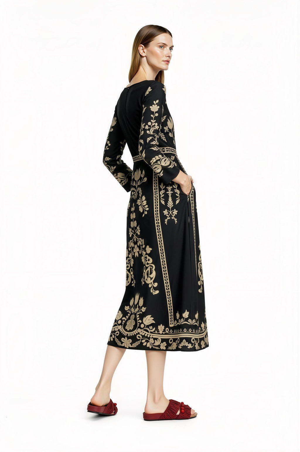 Black Floral Print Midi Dress with Long Sleeves and Side Pockets