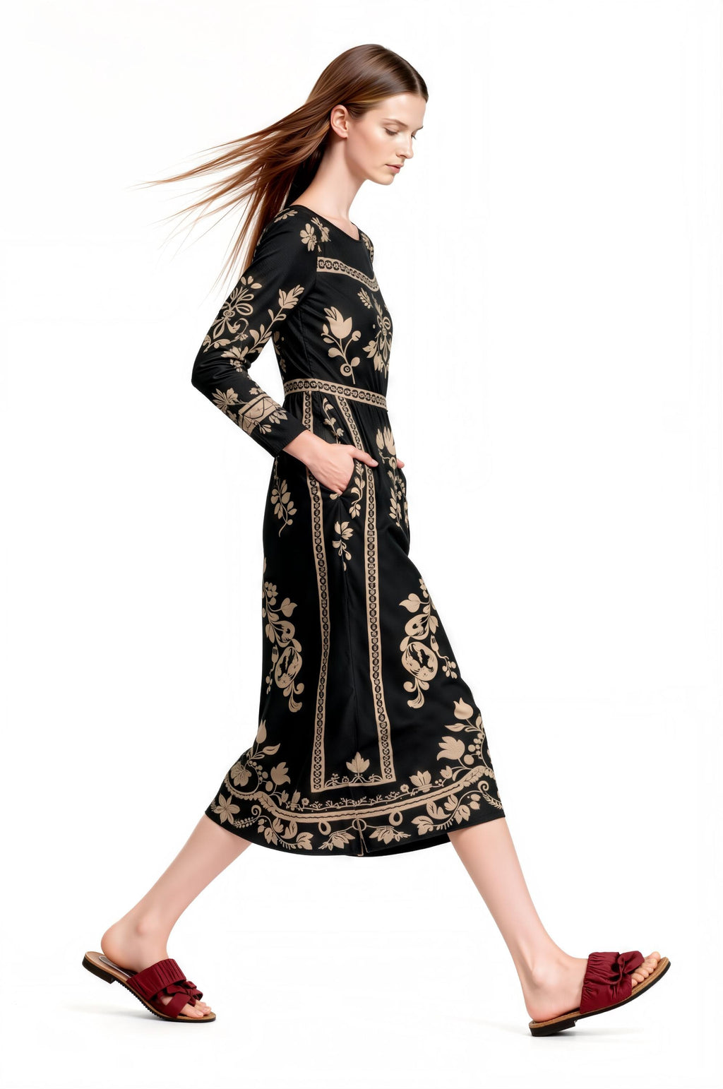 Black Floral Print Midi Dress with Long Sleeves and Side Pockets