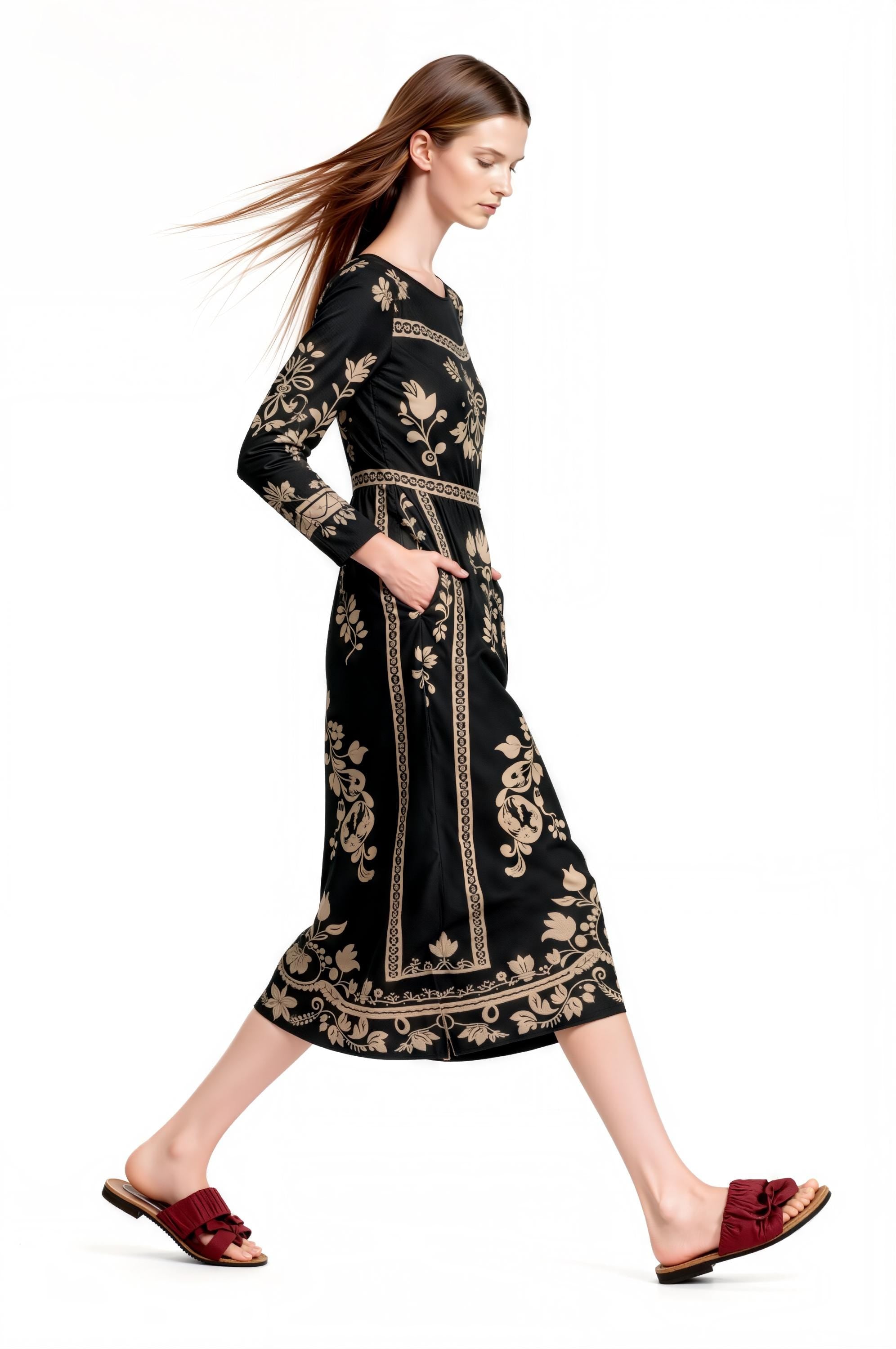 Black Floral Print Midi Dress with Long Sleeves and Side Pockets