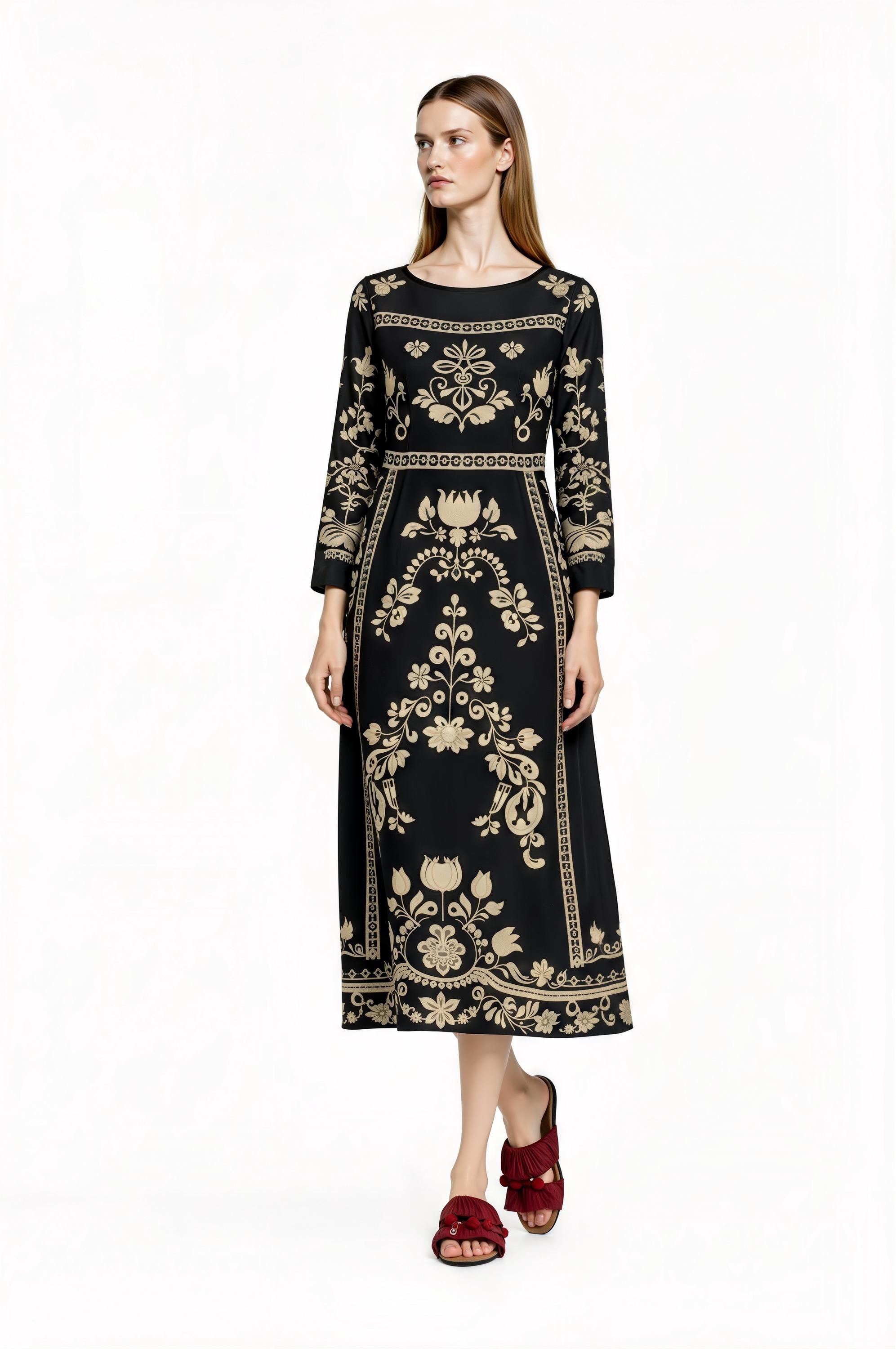 Black Floral Print Midi Dress with Long Sleeves and Side Pockets