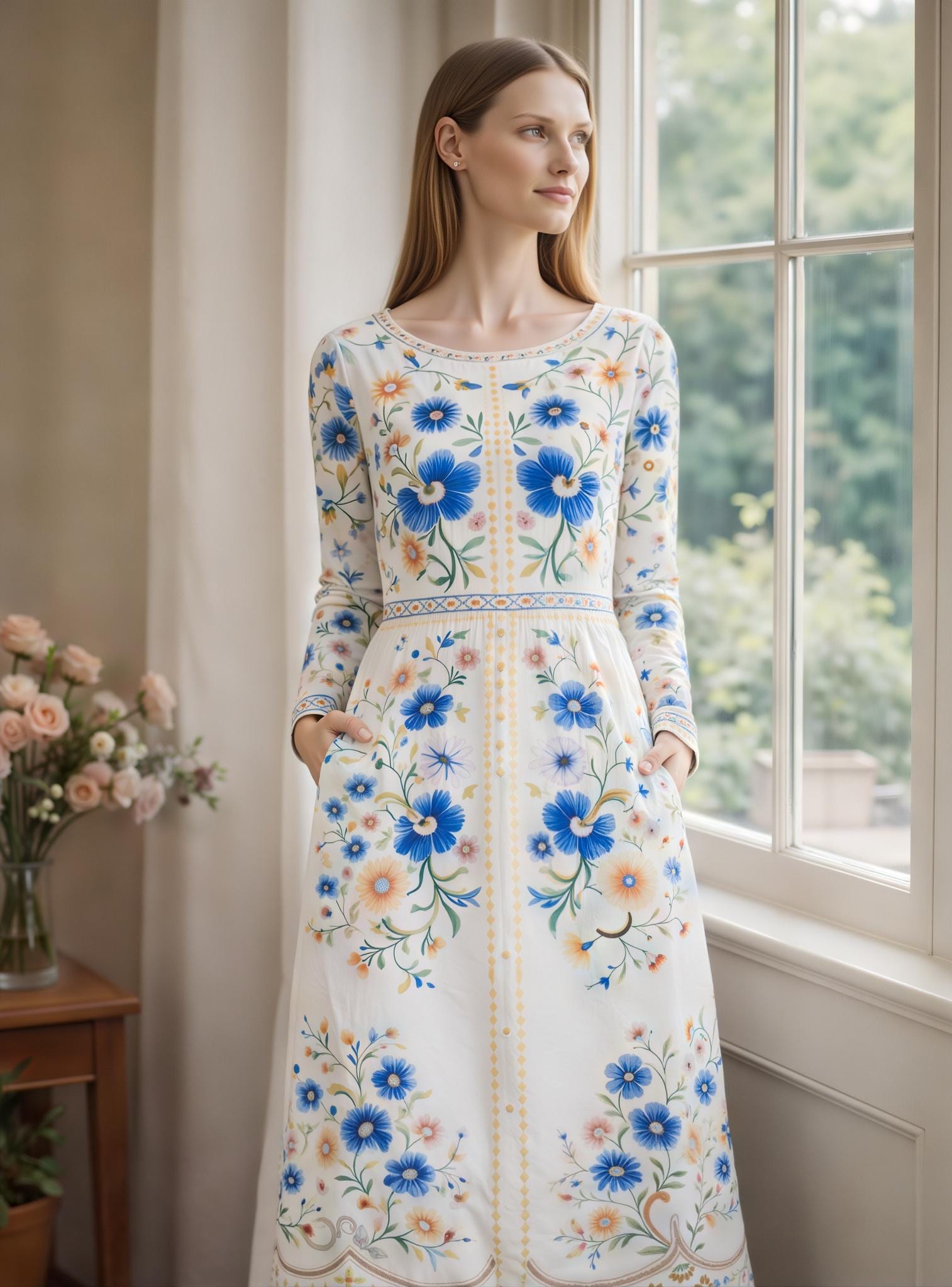 Blue Botanical Floral Midi Dress, Long Sleeve A-Line, European Vintage Style, Boho Cottagecore