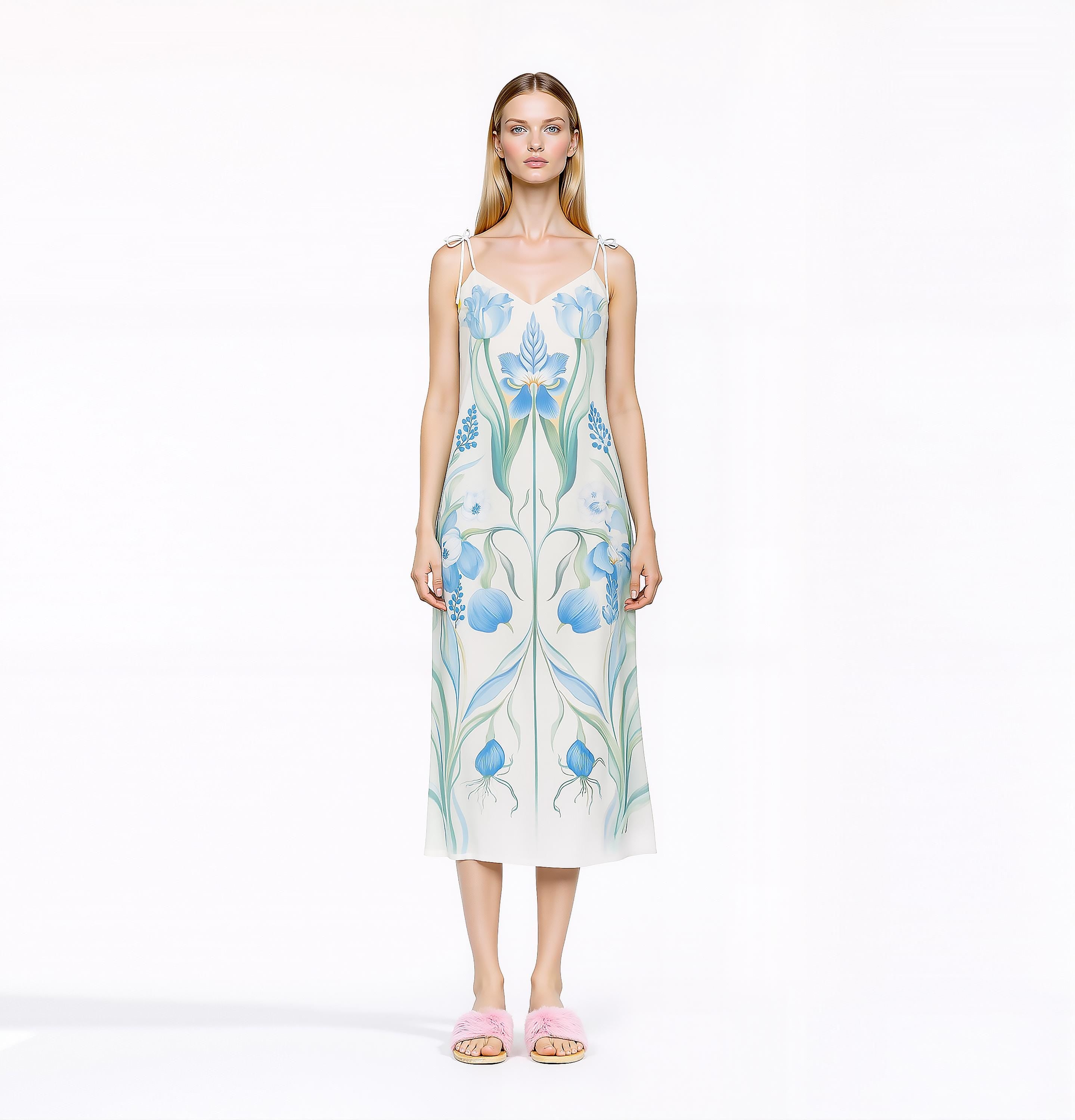 Blue Botanical Floral Midi Slip Dress with Adjustable Tie Straps