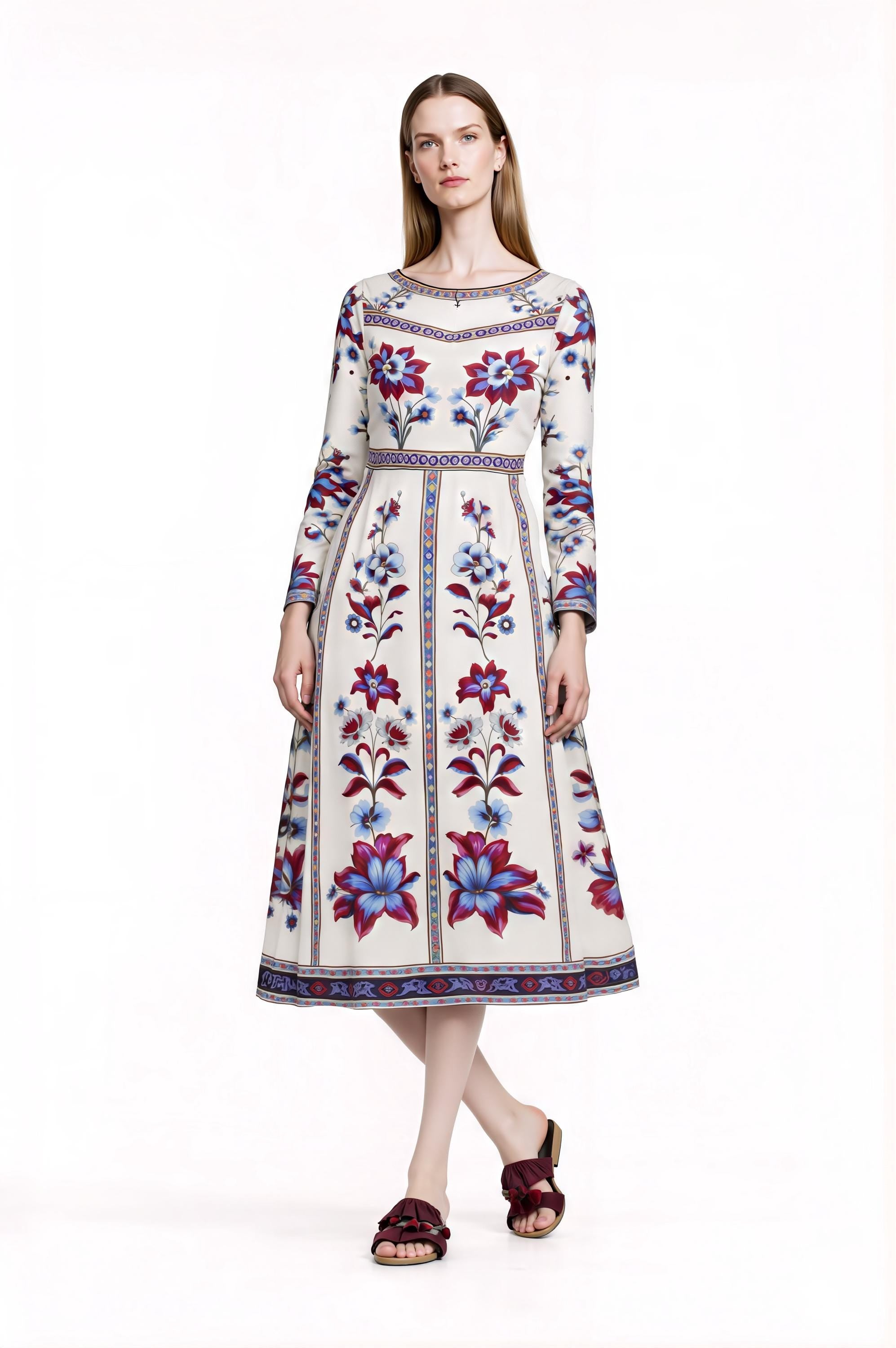 Blue Floral Midi Dress, Long Sleeve, Boho Border Print, Elegant Wedding Guest