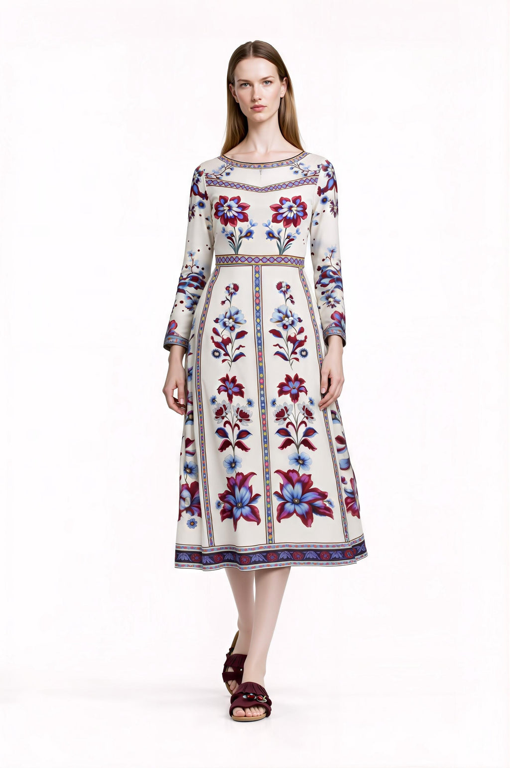Blue Floral Midi Dress, Long Sleeve, Boho Border Print, Elegant Wedding Guest