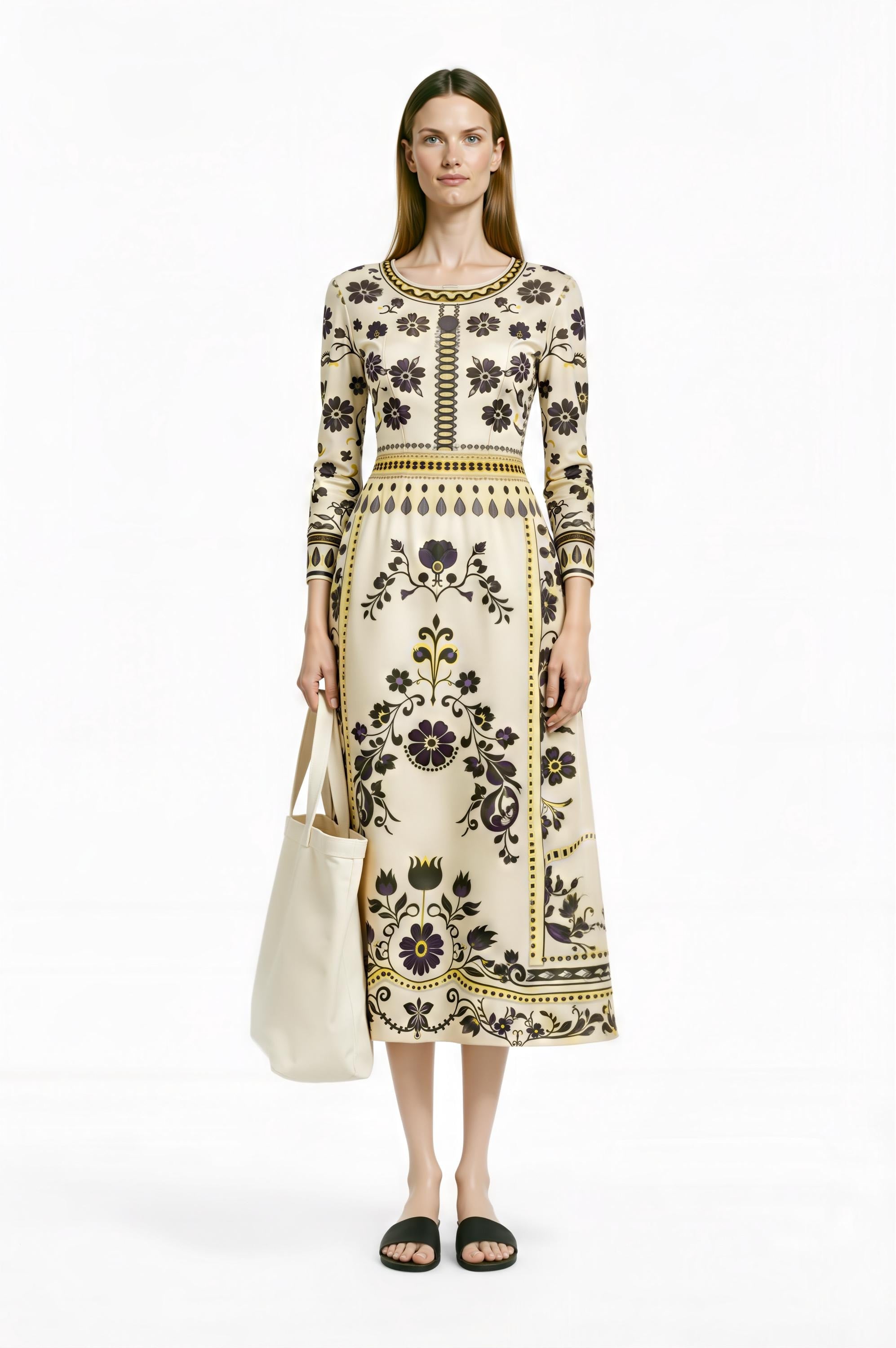 Blue Floral Midi Dress, Vintage Border Print, Long Sleeve, Feminine Silhouette