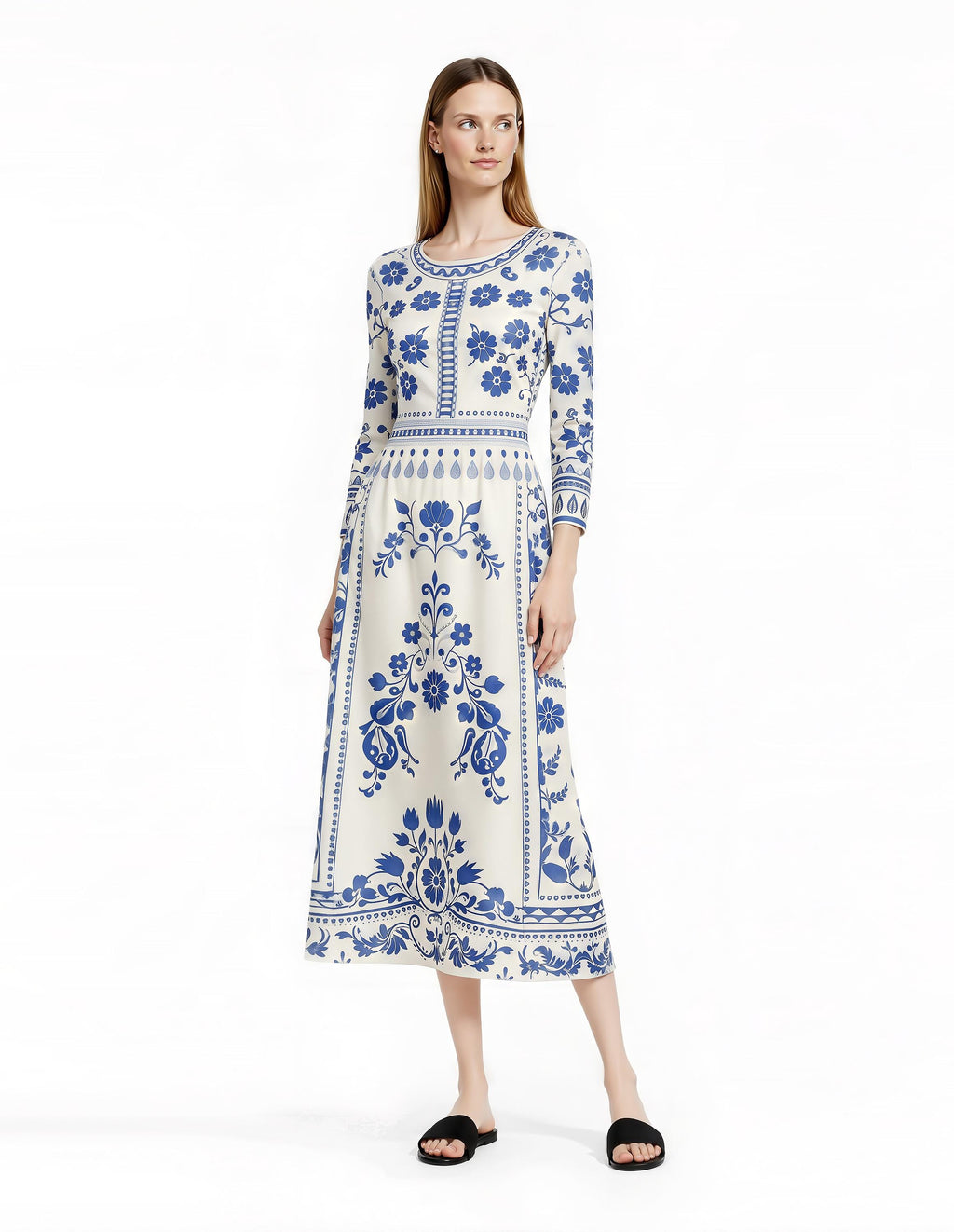 Blue Floral Midi Dress, Vintage Border Print, Long Sleeve, Feminine Silhouette