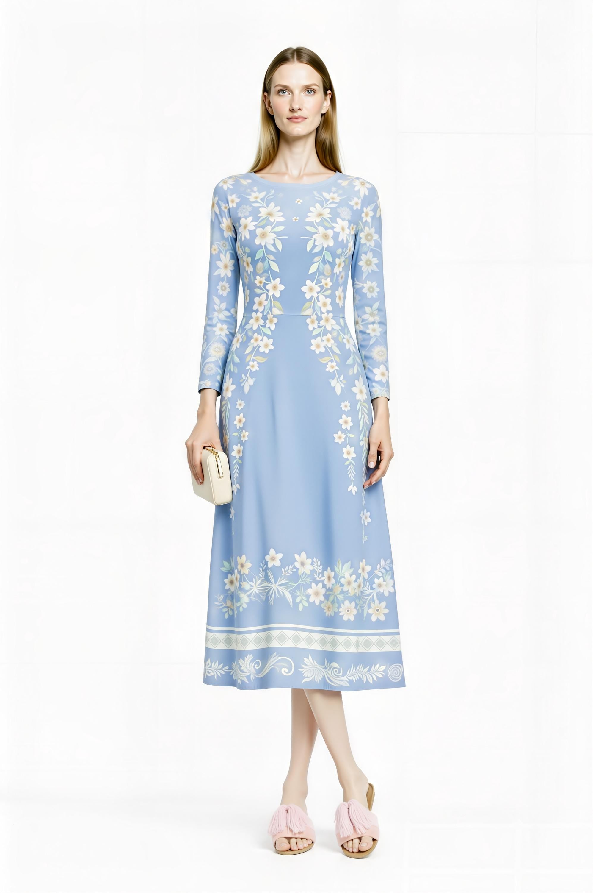 Blue Floral Midi Dress, Vintage Botanical Print, A-Line Silhouette, Long Sleeve, Pockets