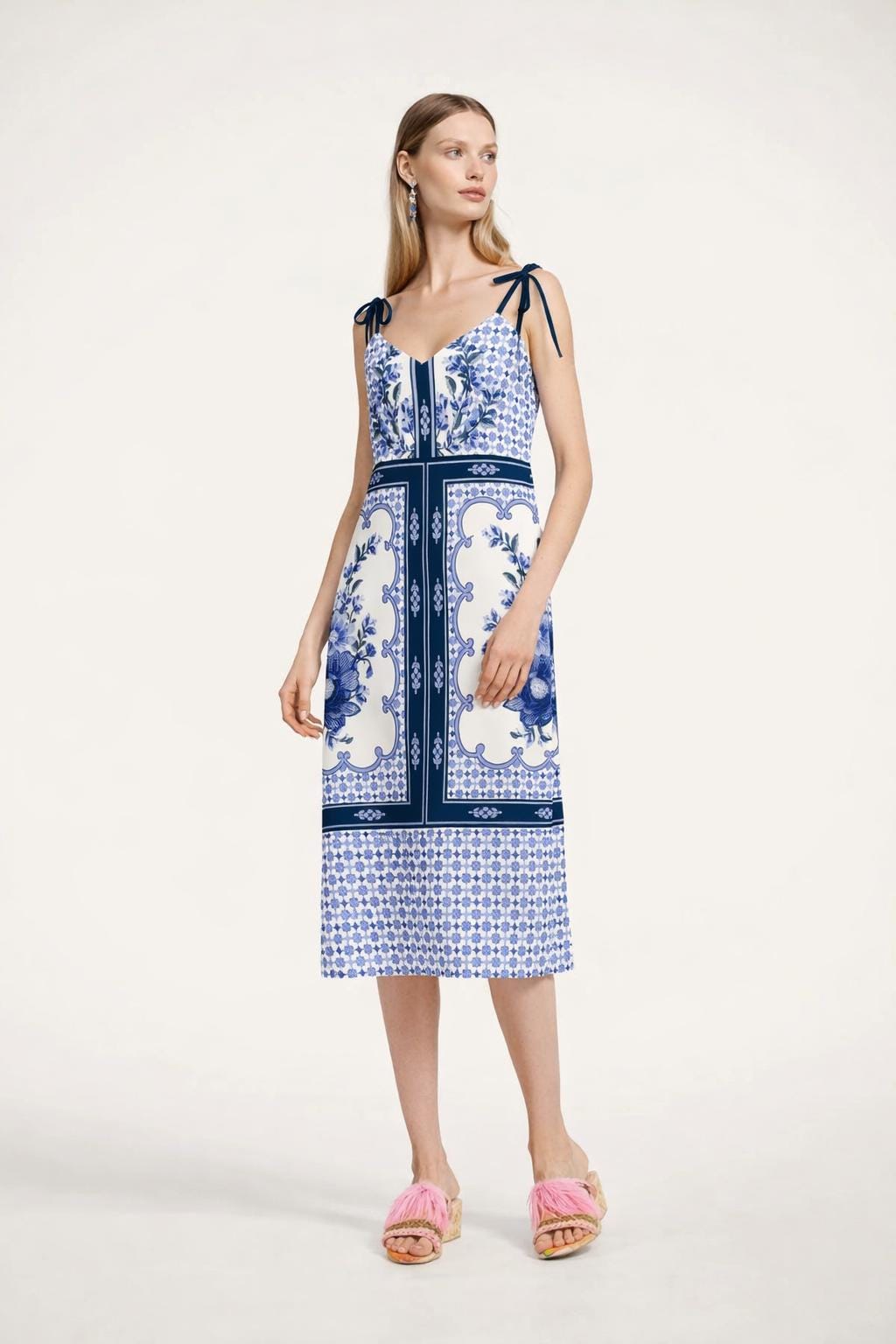 Blue Floral Panel Print Midi Dress, Sleeveless Summer Resort Style