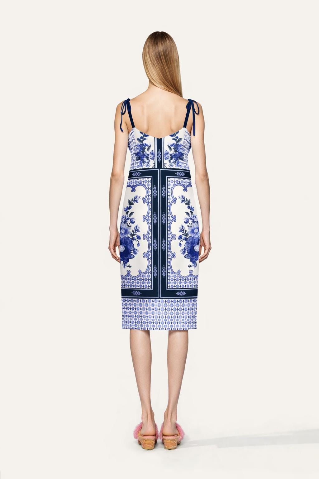 Blue Floral Panel Print Midi Dress, Sleeveless Summer Resort Style
