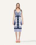 Blue Floral Panel Print Midi Dress, Sleeveless Summer Resort Style