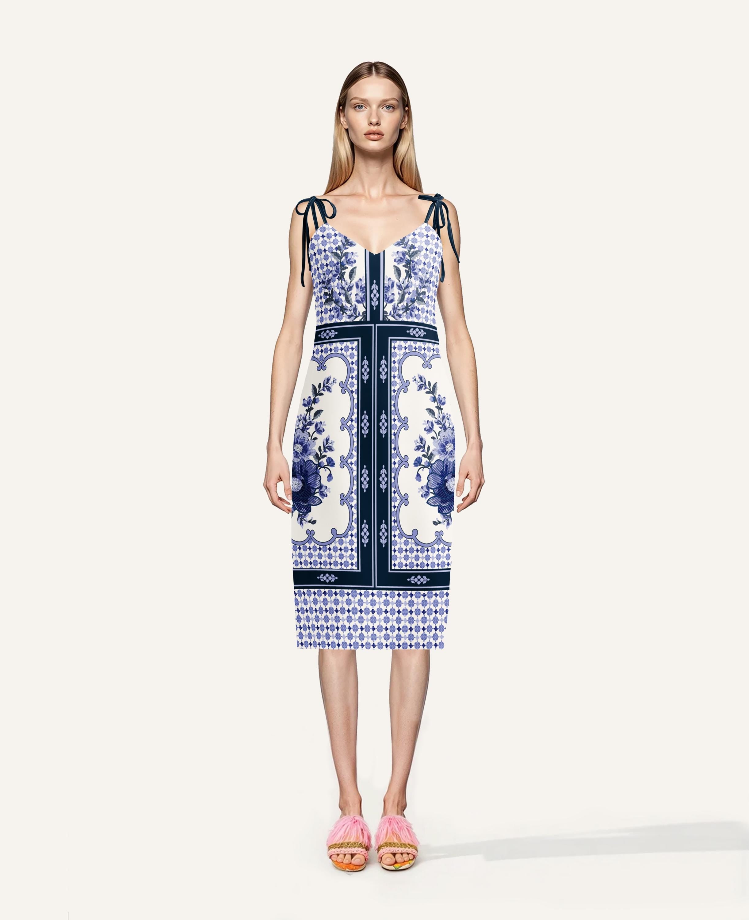 Blue Floral Panel Print Midi Dress, Sleeveless Summer Resort Style