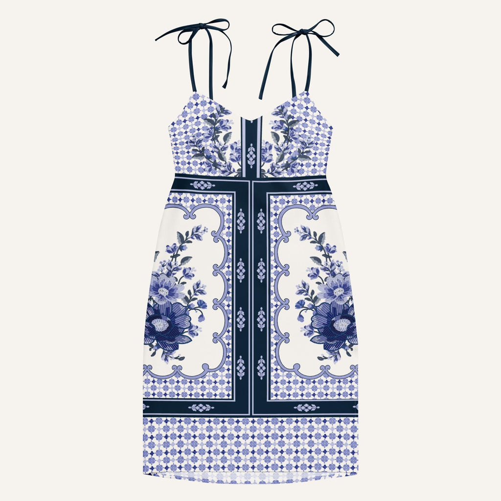 Blue Floral Panel Print Midi Dress, Sleeveless Summer Resort Style