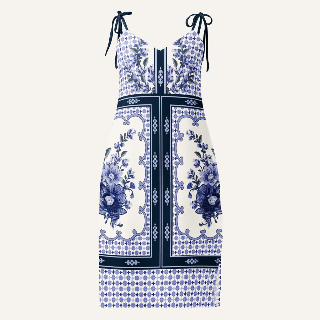 Blue Floral Panel Print Midi Dress, Sleeveless Summer Resort Style