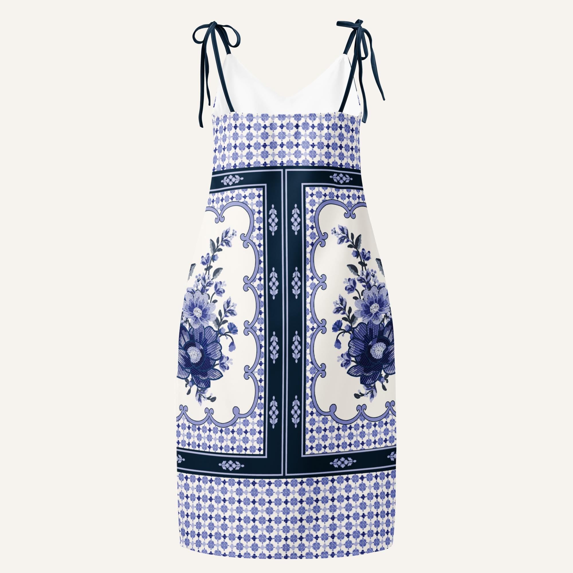 Blue Floral Panel Print Midi Dress, Sleeveless Summer Resort Style