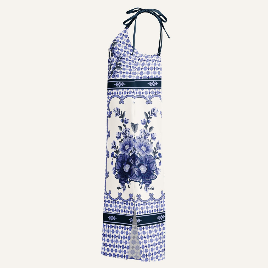 Blue Floral Panel Print Midi Dress, Sleeveless Summer Resort Style