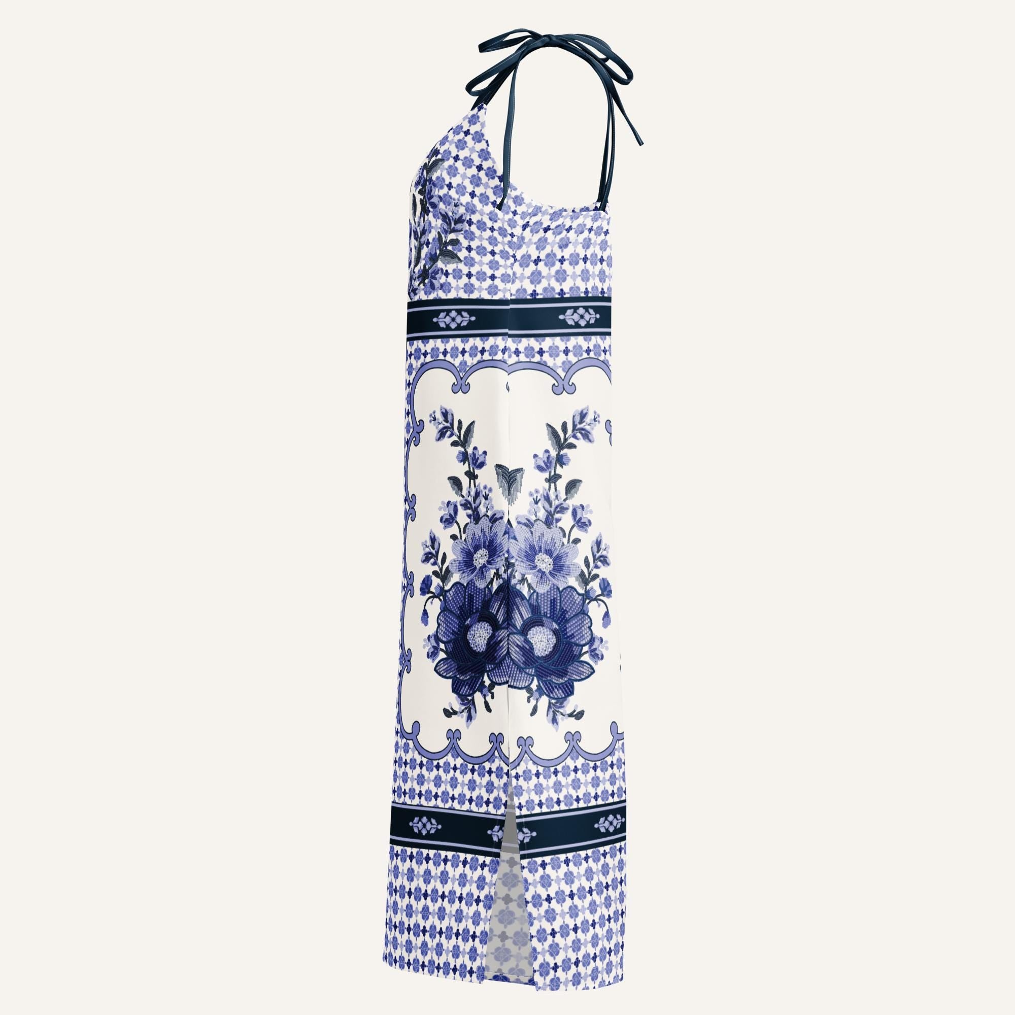 Blue Floral Panel Print Midi Dress, Sleeveless Summer Resort Style