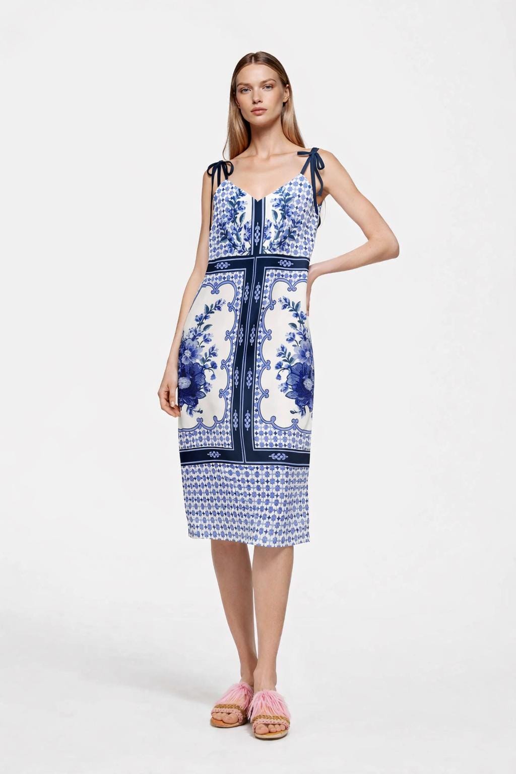 Blue Floral Panel Print Midi Dress, Sleeveless Summer Resort Style