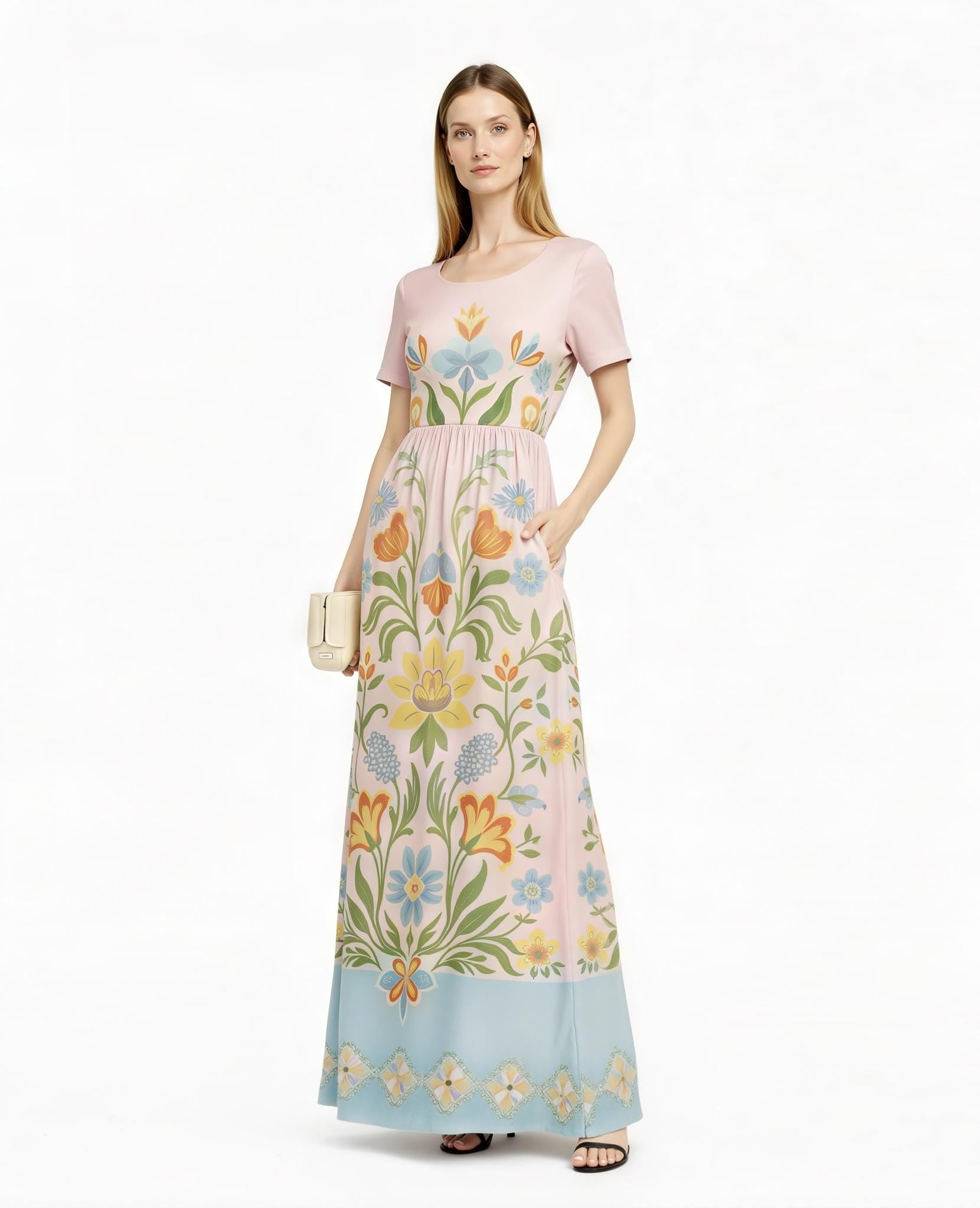 Blush Pink Floral Maxi Dress, Vintage Folk Print, Short Sleeve Resort Outfit with Pockets