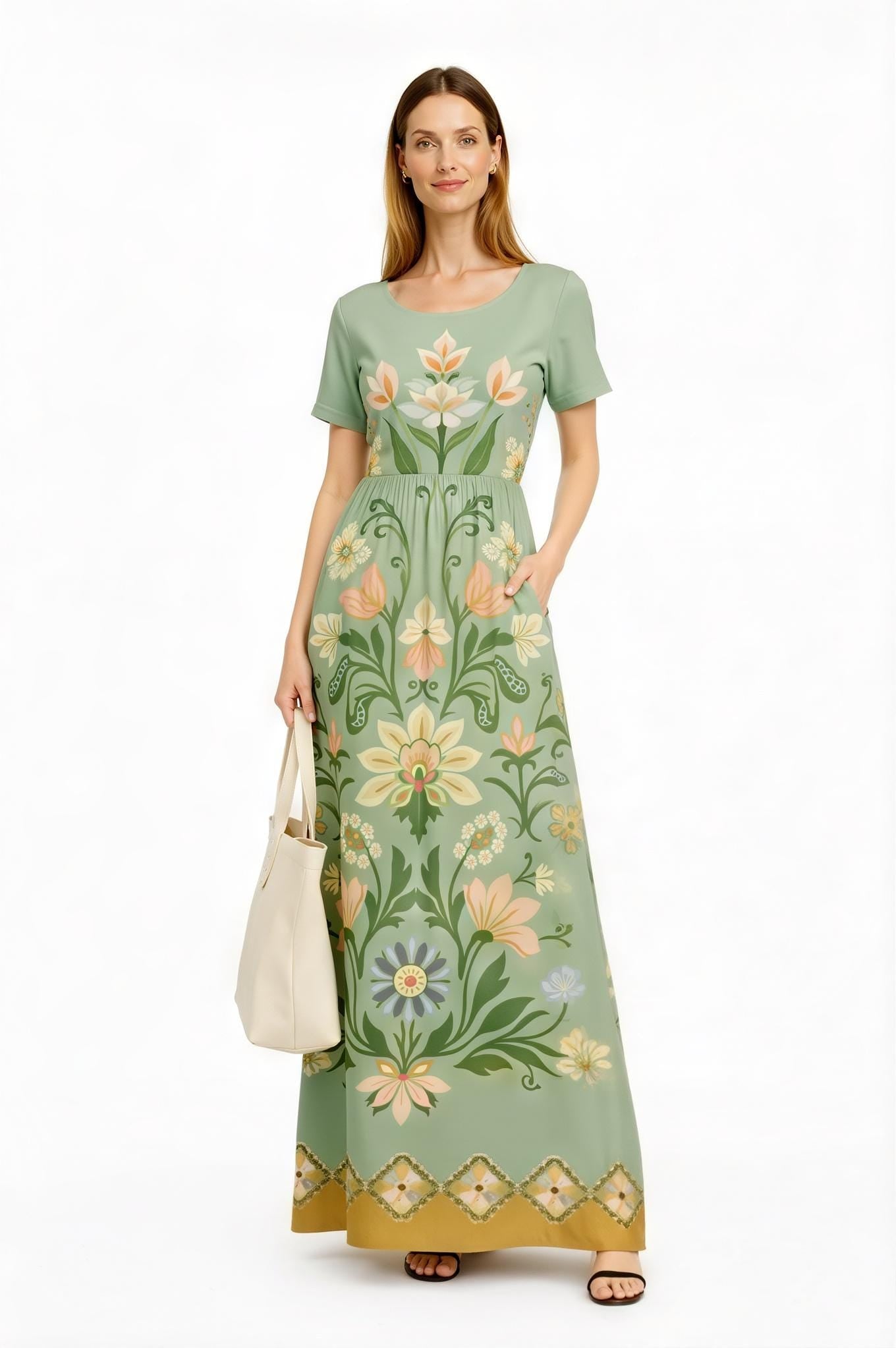 Blush Pink Floral Maxi Dress, Vintage Folk Print, Short Sleeve Resort Outfit with Pockets