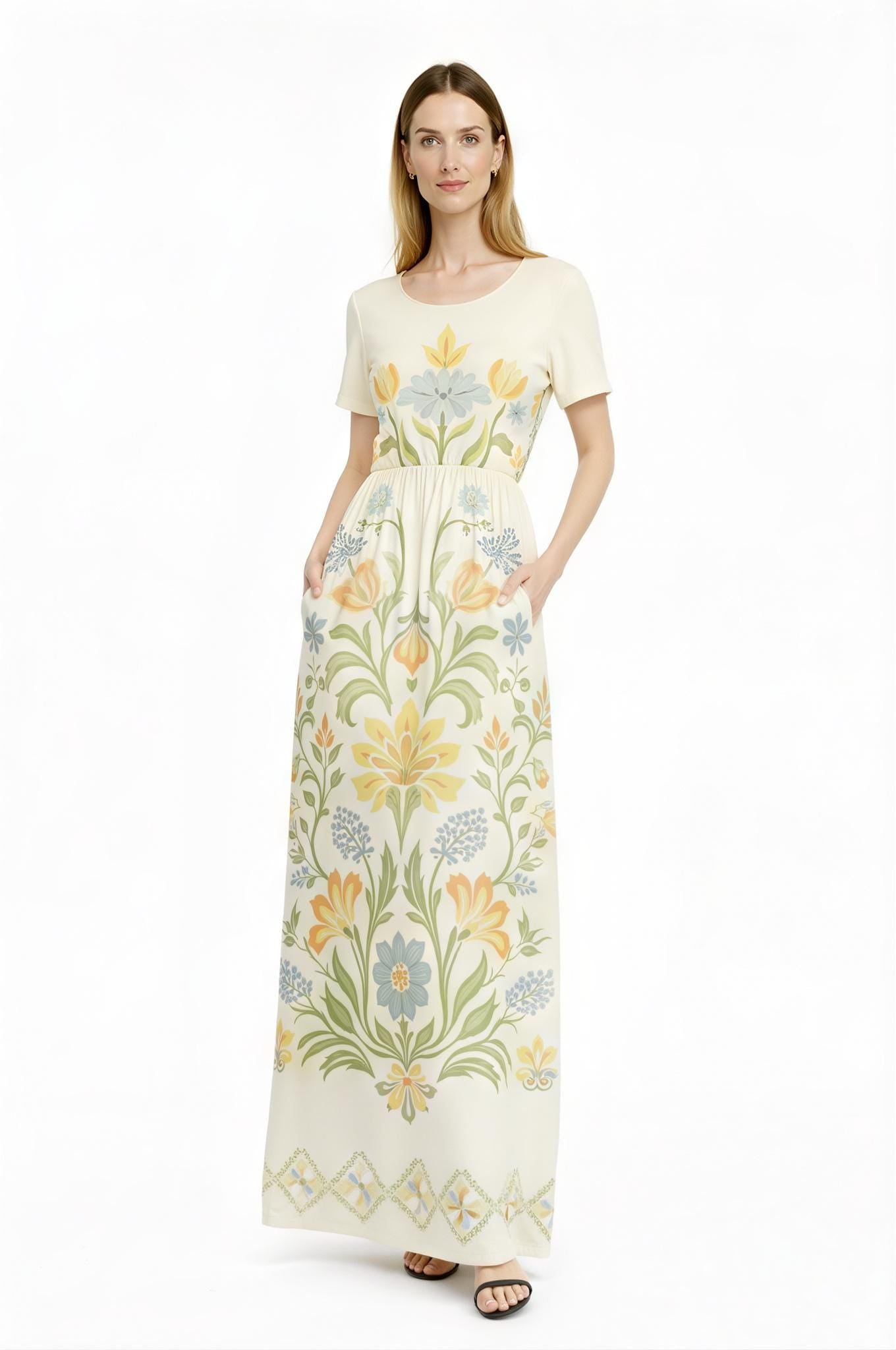 Blush Pink Floral Maxi Dress, Vintage Folk Print, Short Sleeve Resort Outfit with Pockets