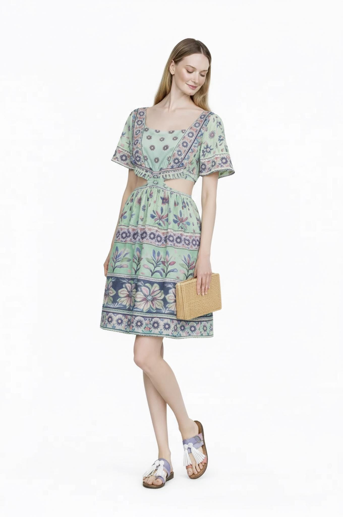 Boho Floral Mini Dress, Vintage Border Print, Flutter Sleeve Resort Outfit