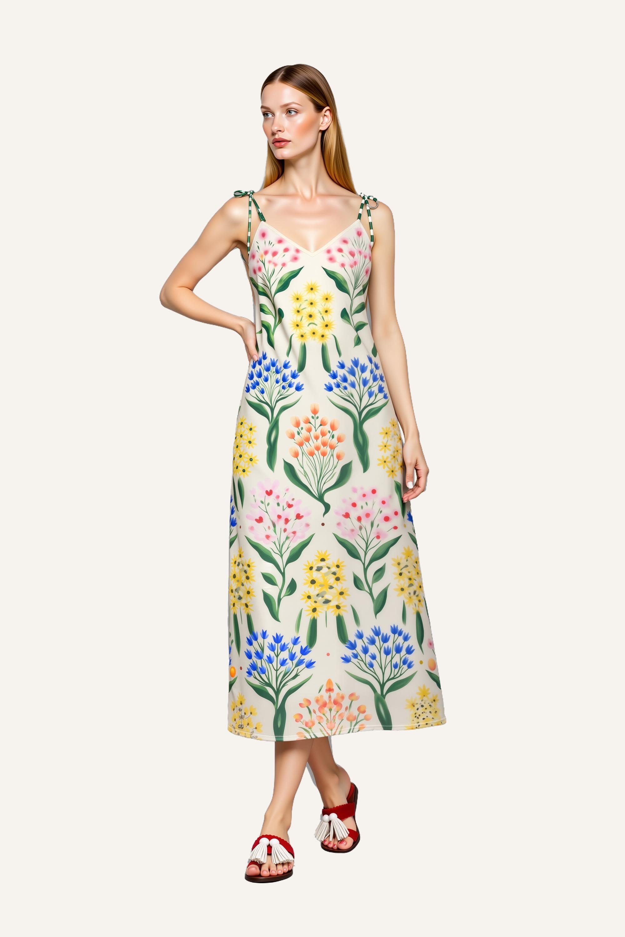 Botanical Floral Print Midi Dress with Tie Shoulder Straps