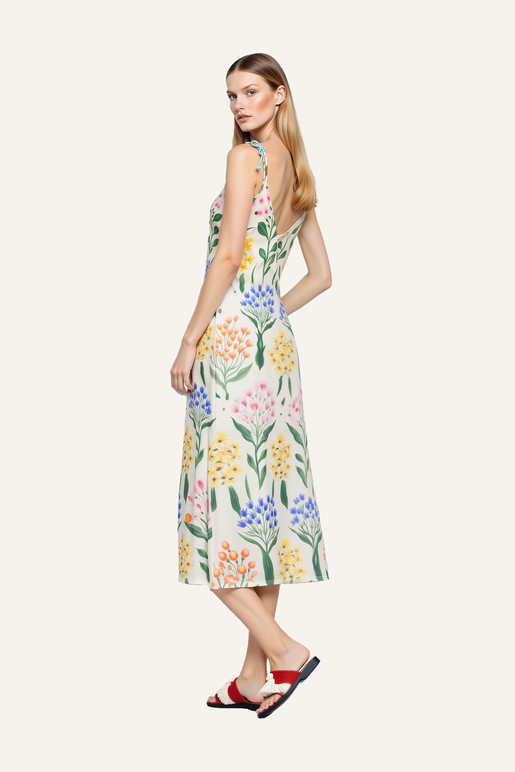 Botanical Floral Print Midi Dress with Tie Shoulder Straps