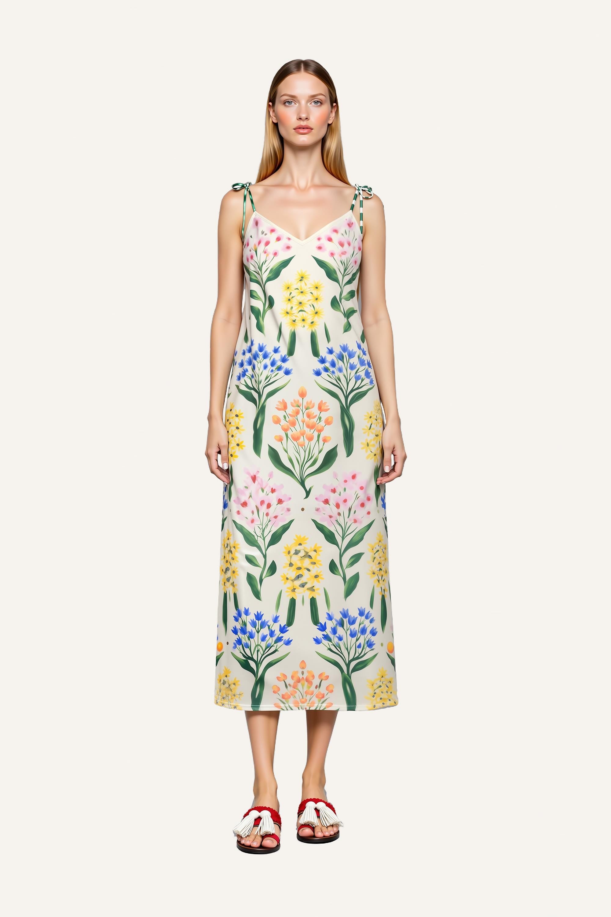 Botanical Floral Print Midi Dress with Tie Shoulder Straps