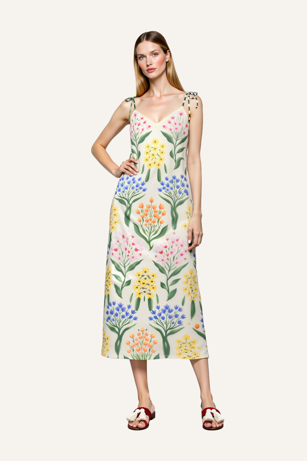 Botanical Floral Print Midi Dress with Tie Shoulder Straps