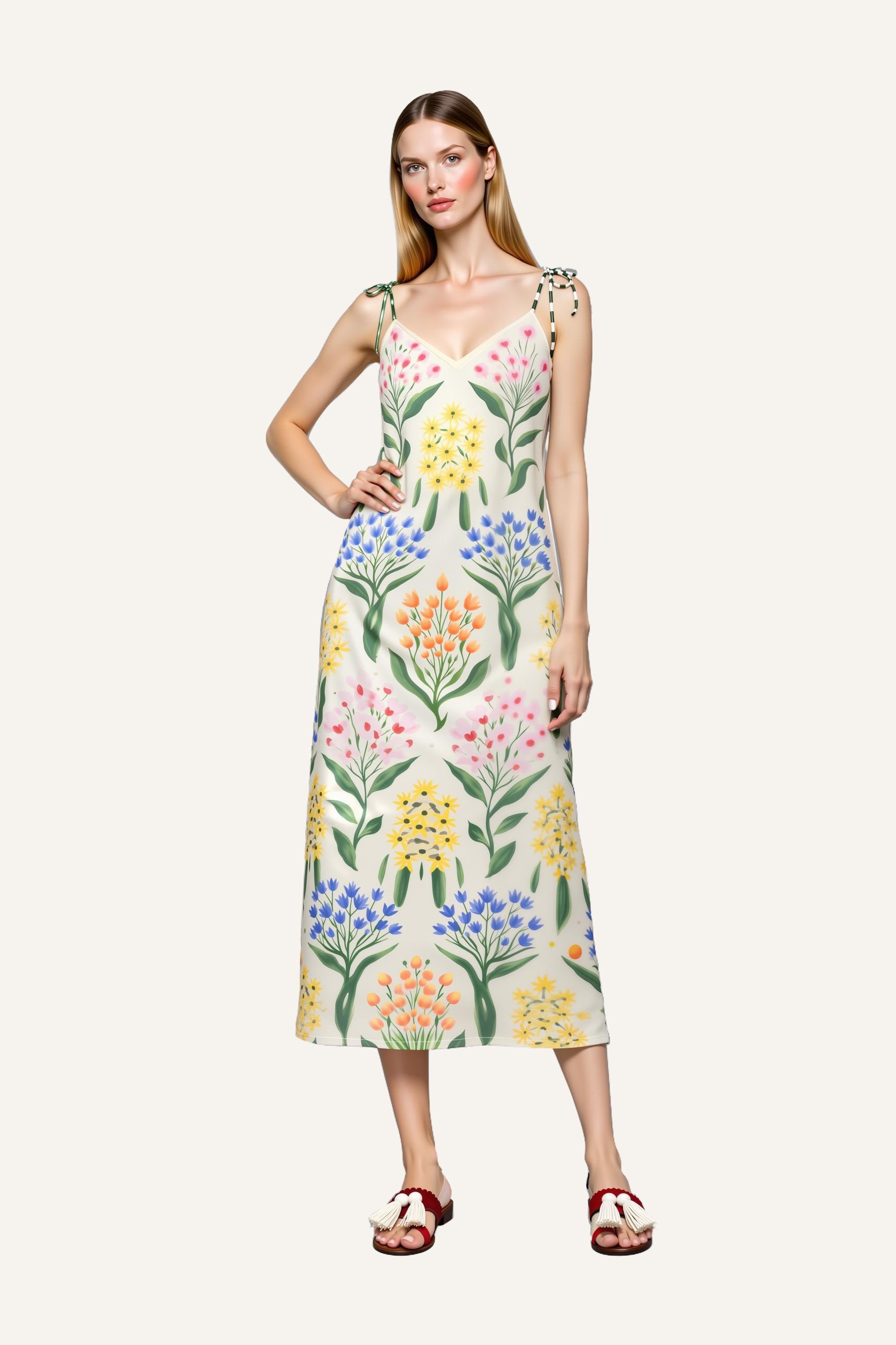 Botanical Floral Print Midi Dress with Tie Shoulder Straps