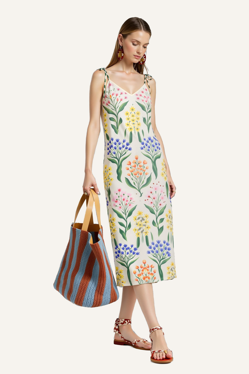 Botanical Floral Print Midi Dress with Tie Shoulder Straps