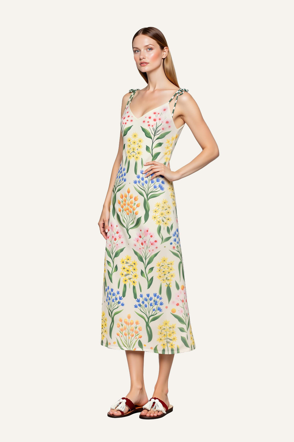Botanical Floral Print Midi Dress with Tie Shoulder Straps