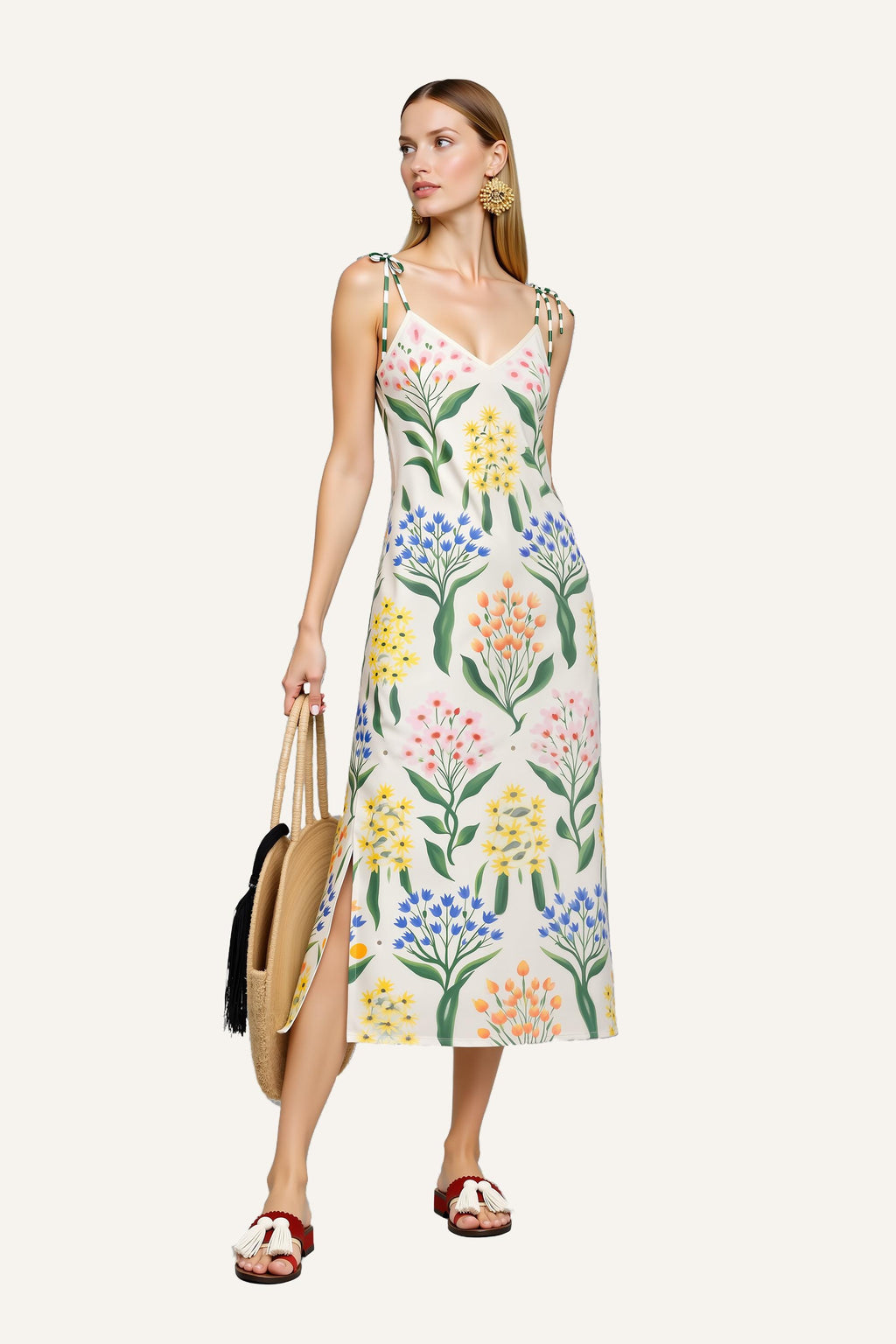 Botanical Floral Print Midi Dress with Tie Shoulder Straps