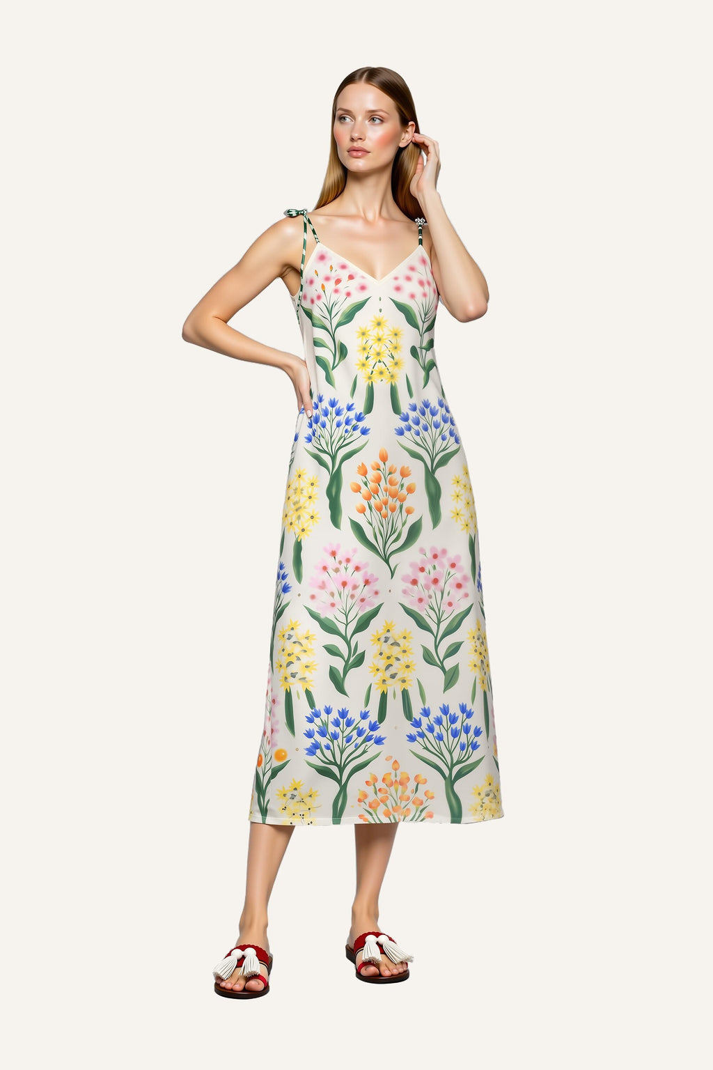 Botanical Floral Print Midi Dress with Tie Shoulder Straps