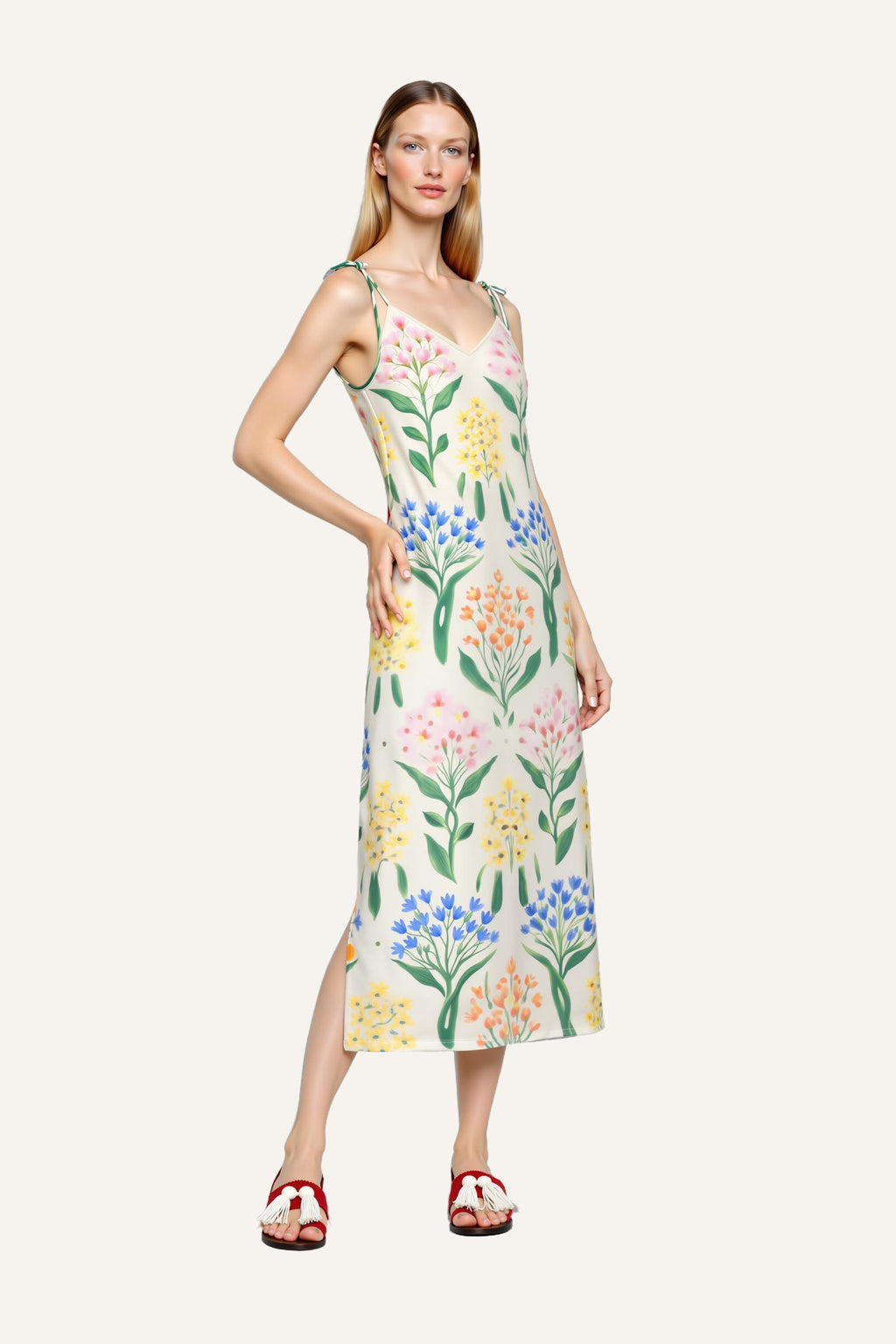 Botanical Floral Print Midi Dress with Tie Shoulder Straps